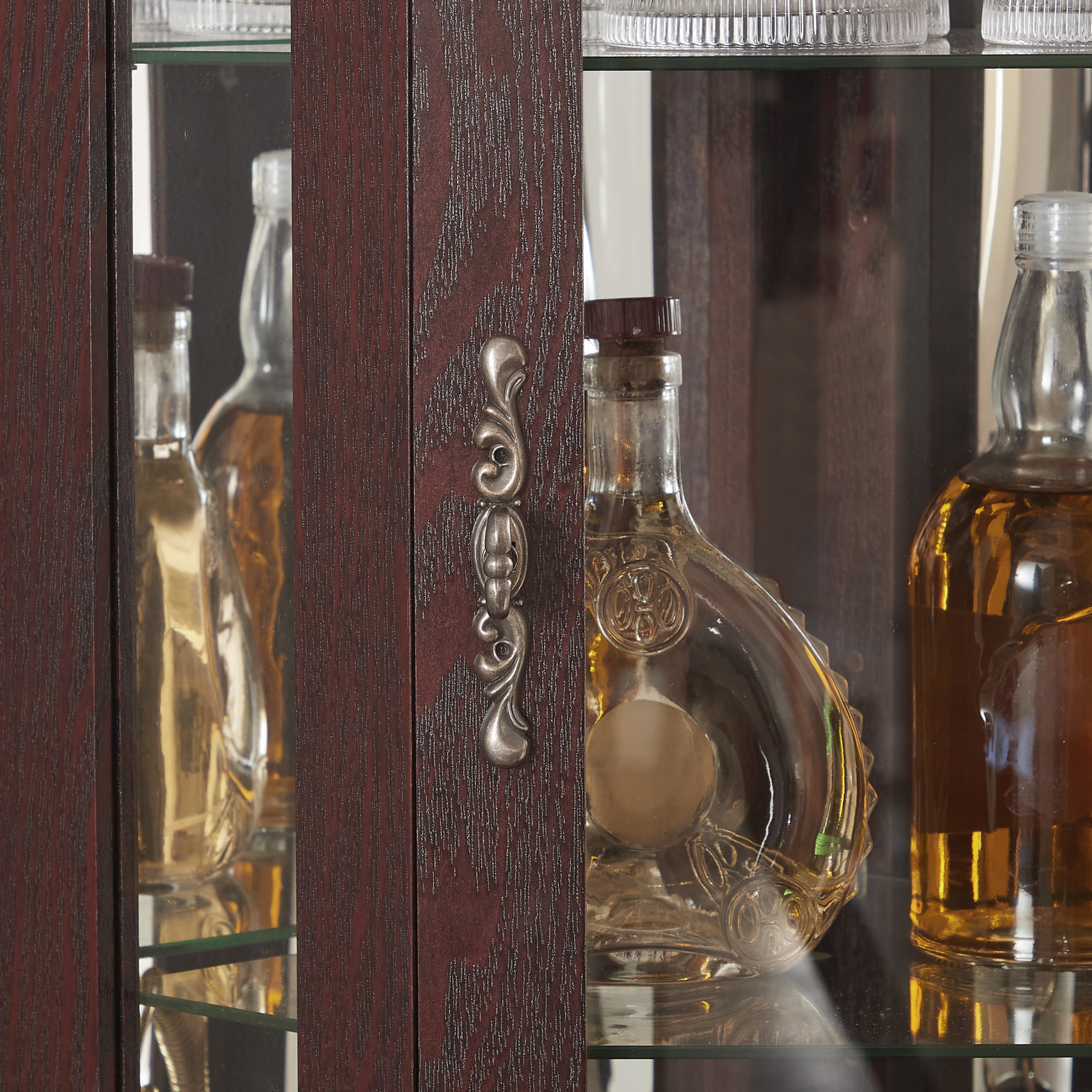 Lighted Corner Curio Cabinet - Glass Display Shelf with Tempered Glass Doors, Adjustable Shelving, and Included Bead Bulb - Ideal Bar Cabinet for Home Decor- DARK CHERRY