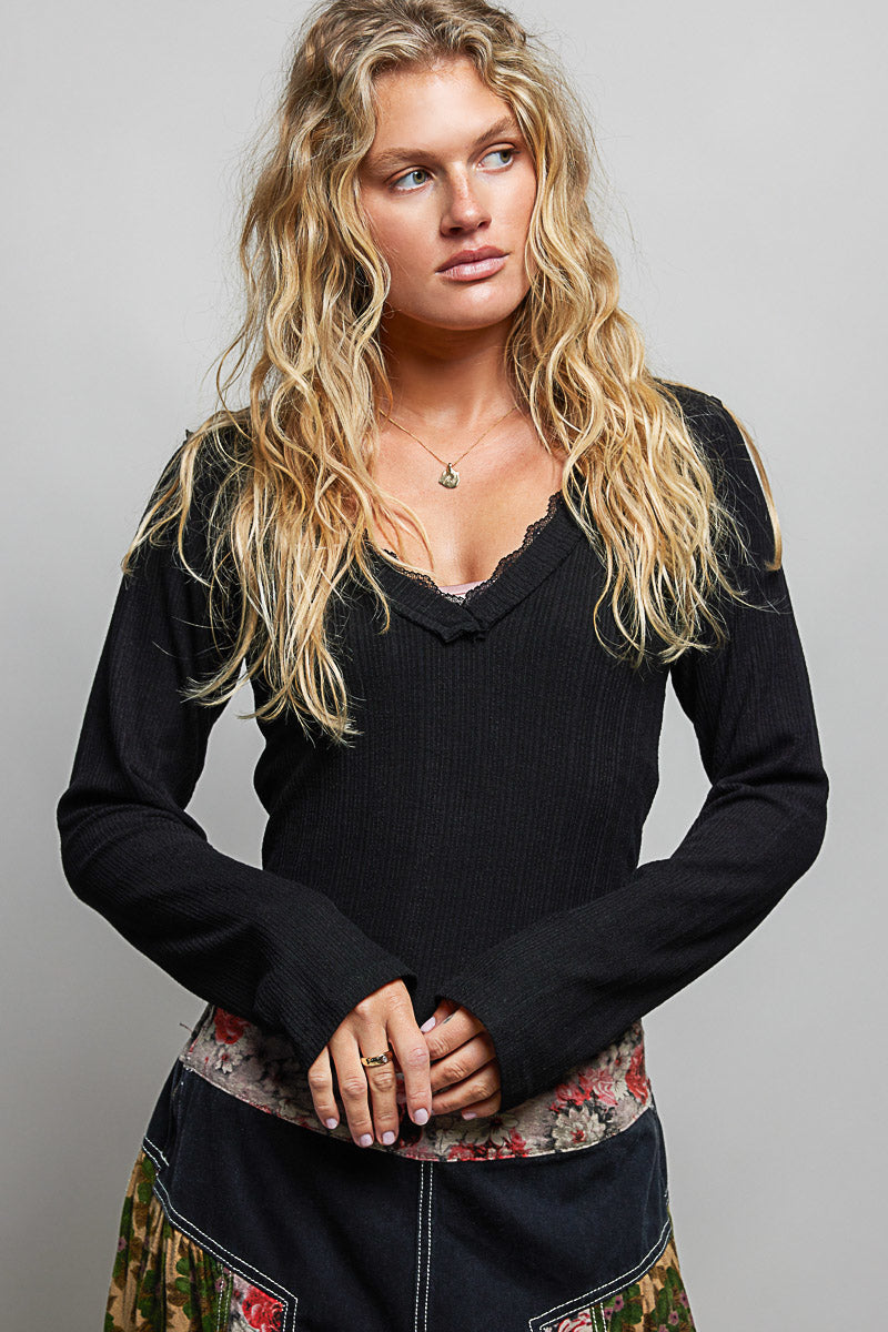 POL V-Neck Long Sleeve Ribbed Top with Lace-Accent Neckband
