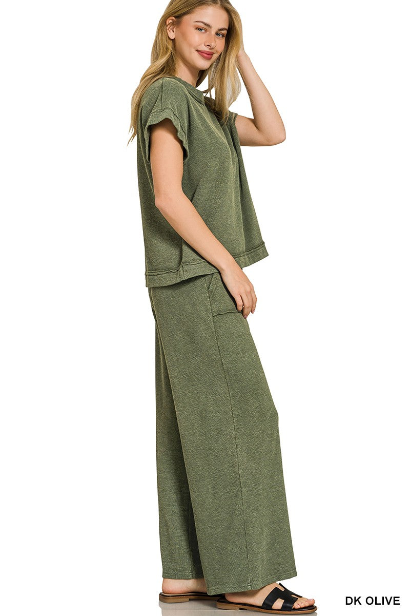 Zenana Washed Slub Short Sleeve Tee & Long Pants Set