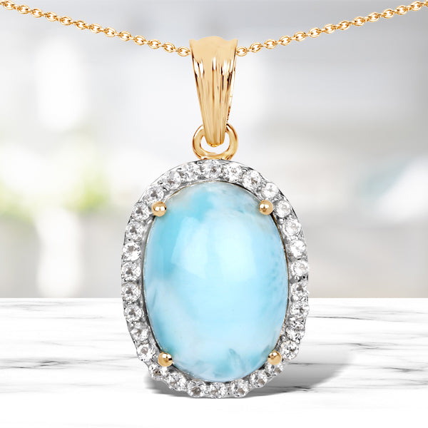14K Yellow Gold Plated 13.55 Carat Genuine Larimar and White Topaz .925 Sterling Silver Pendant