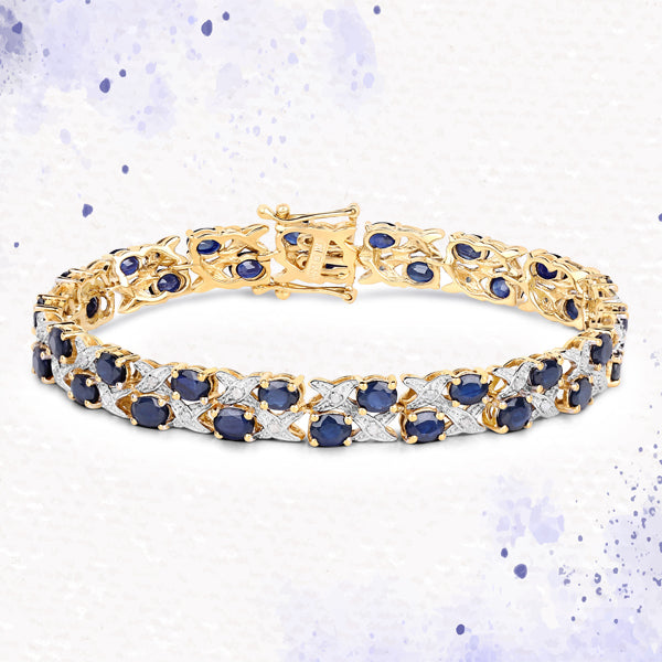 14K Yellow Gold Plated 12.53 Carat Genuine Blue Sapphire and White Diamond .925 Sterling Silver Bracelet