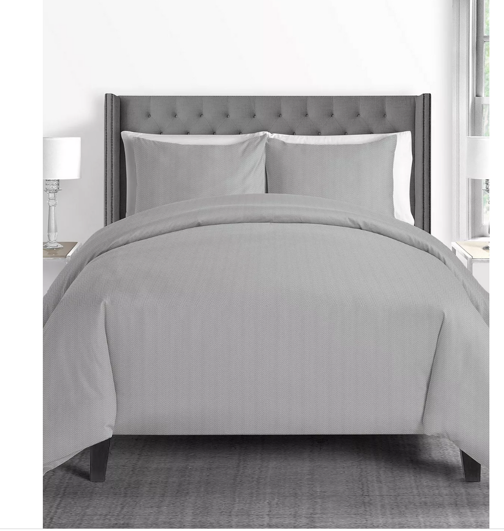 Sunham 625-Thread-Count Full / Queen Duvet Cover 3-Piece Set Silver Herringbone