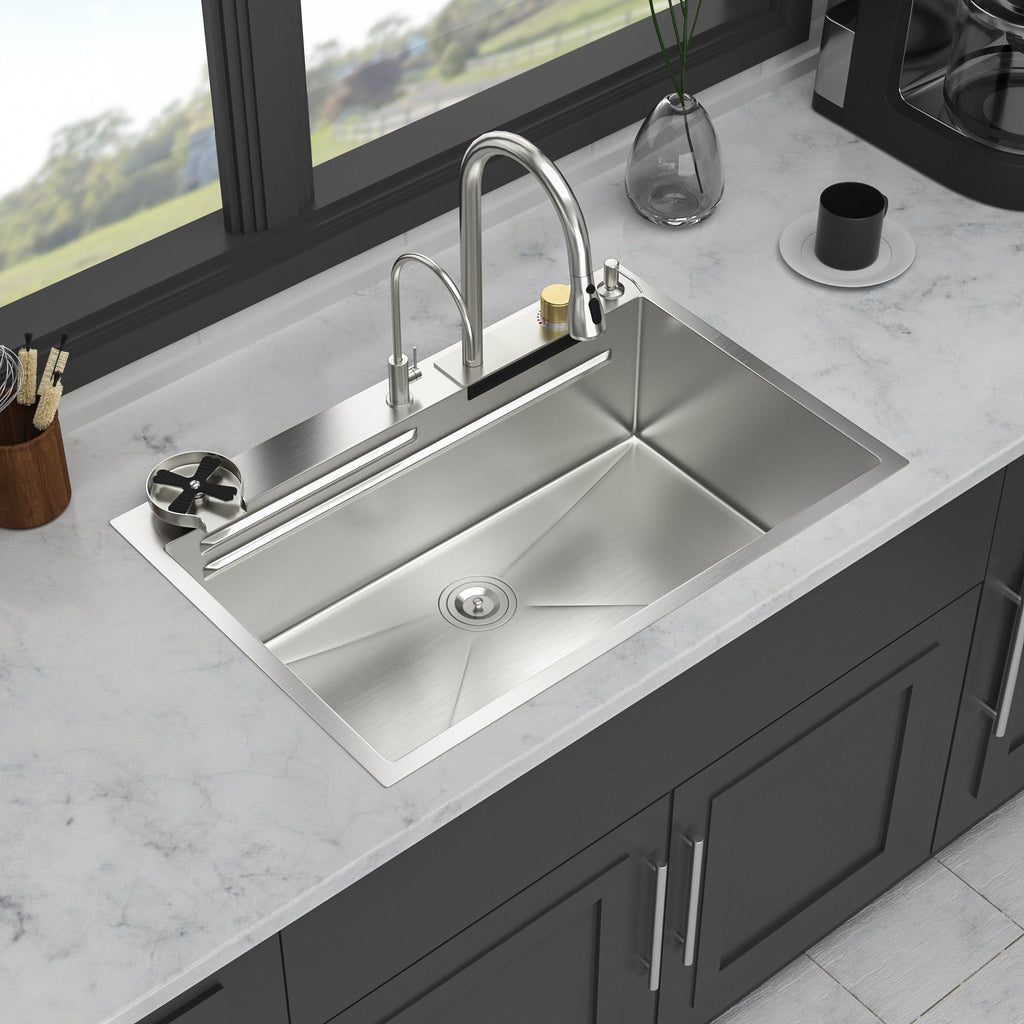 33*22 inch Brushed Nickel 33' Waterfall Kitchen Sink with Pull-Out Faucet & Cup Washer, Stainless Steel Ledge Workstation