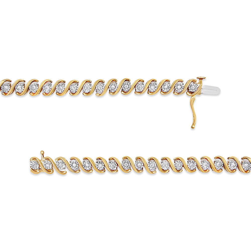 14K Yellow Gold Plated .925 Sterling Silver 1/2 Cttw Round Miracle-Set Diamond S-Curve Tennis Bracelet (I-J Color, I3 Clarity) - 7"