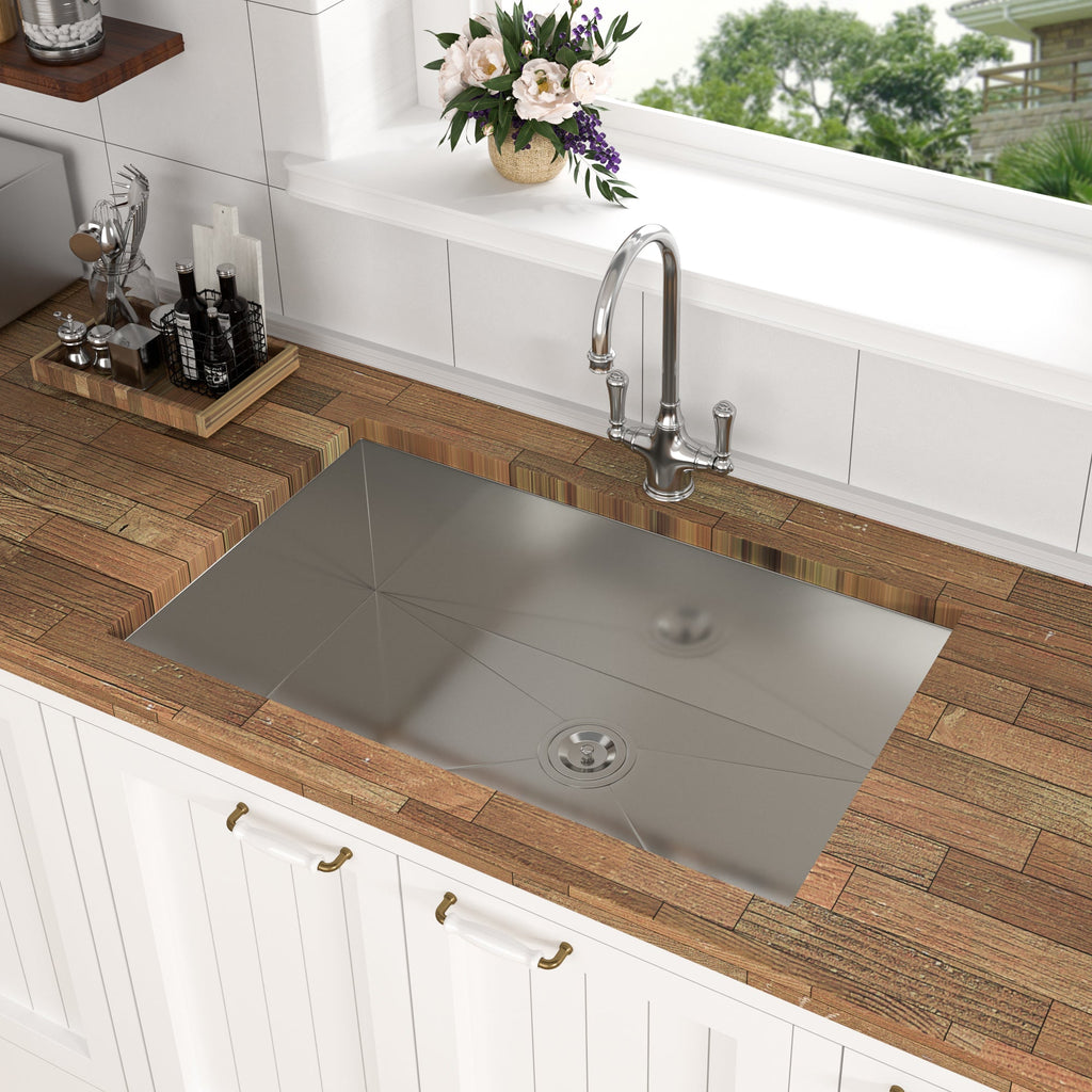Modern Brushed Nickel 33 Inch Undermount Stainless Steel Kitchen Sink 16 Gauge, 9 Inch Deep Single Bowl