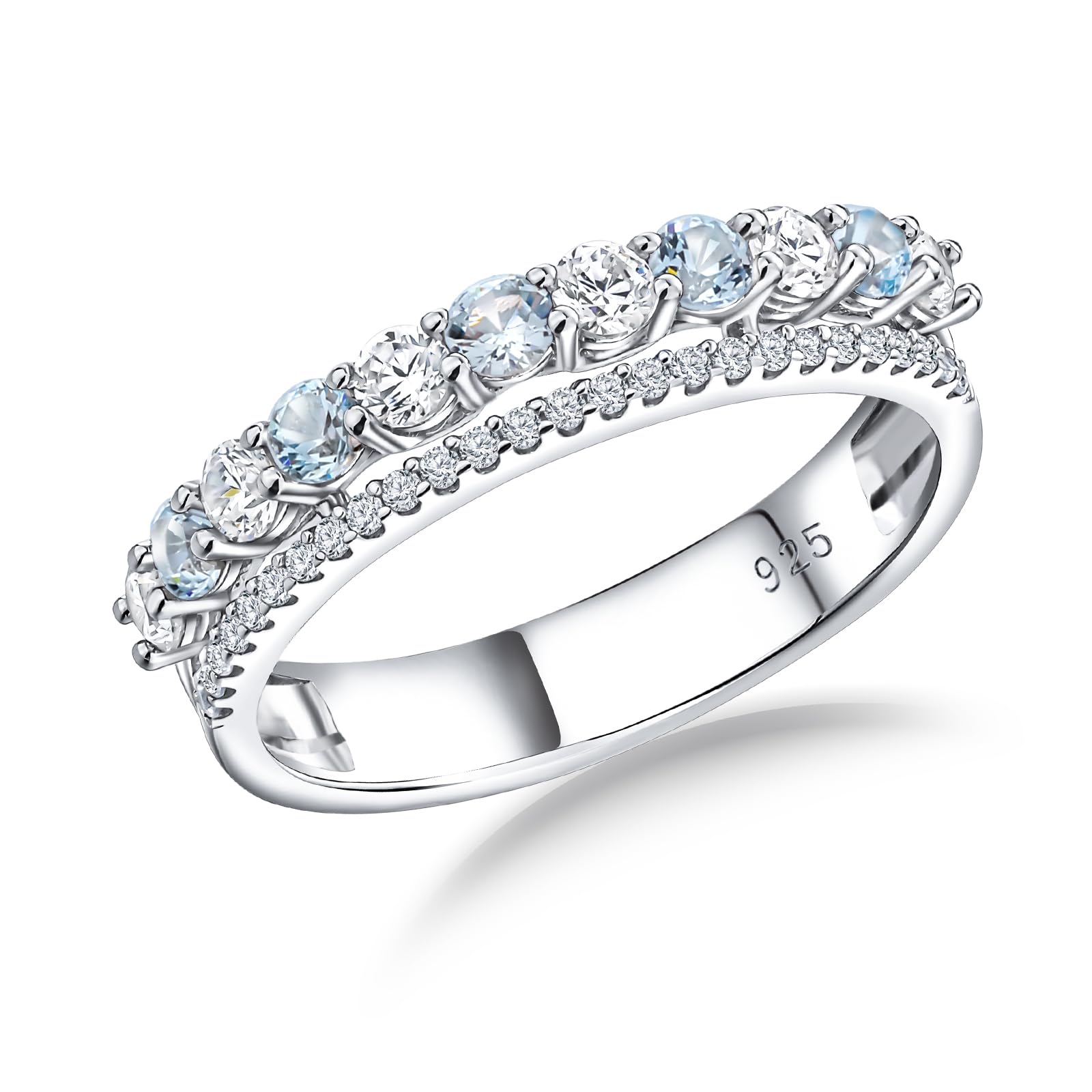 RANDES 925 Sterling Silver Aquamarine Rings for Women March Birthstone Ring Cubic Zirconia Wedding Band Dual Stacking Rings Size 9