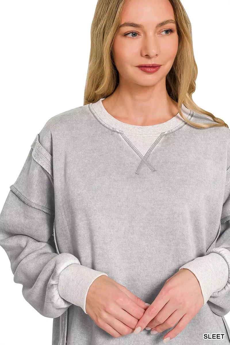 Zenana Fleece Acid Washed Contrast Trim Pullover