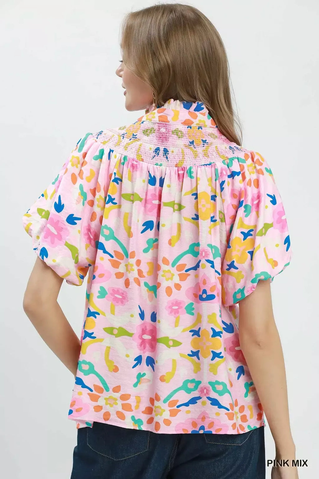 Umgee Folk Art Print Top with Smocked Detail