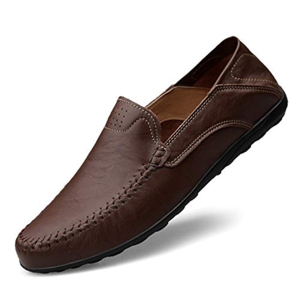 Mens Loafers Genuine Leather Flat Breathable Casual Shoes Handmade Slip On Driving Shoes Fashion Business Shoes Dark Brown 38