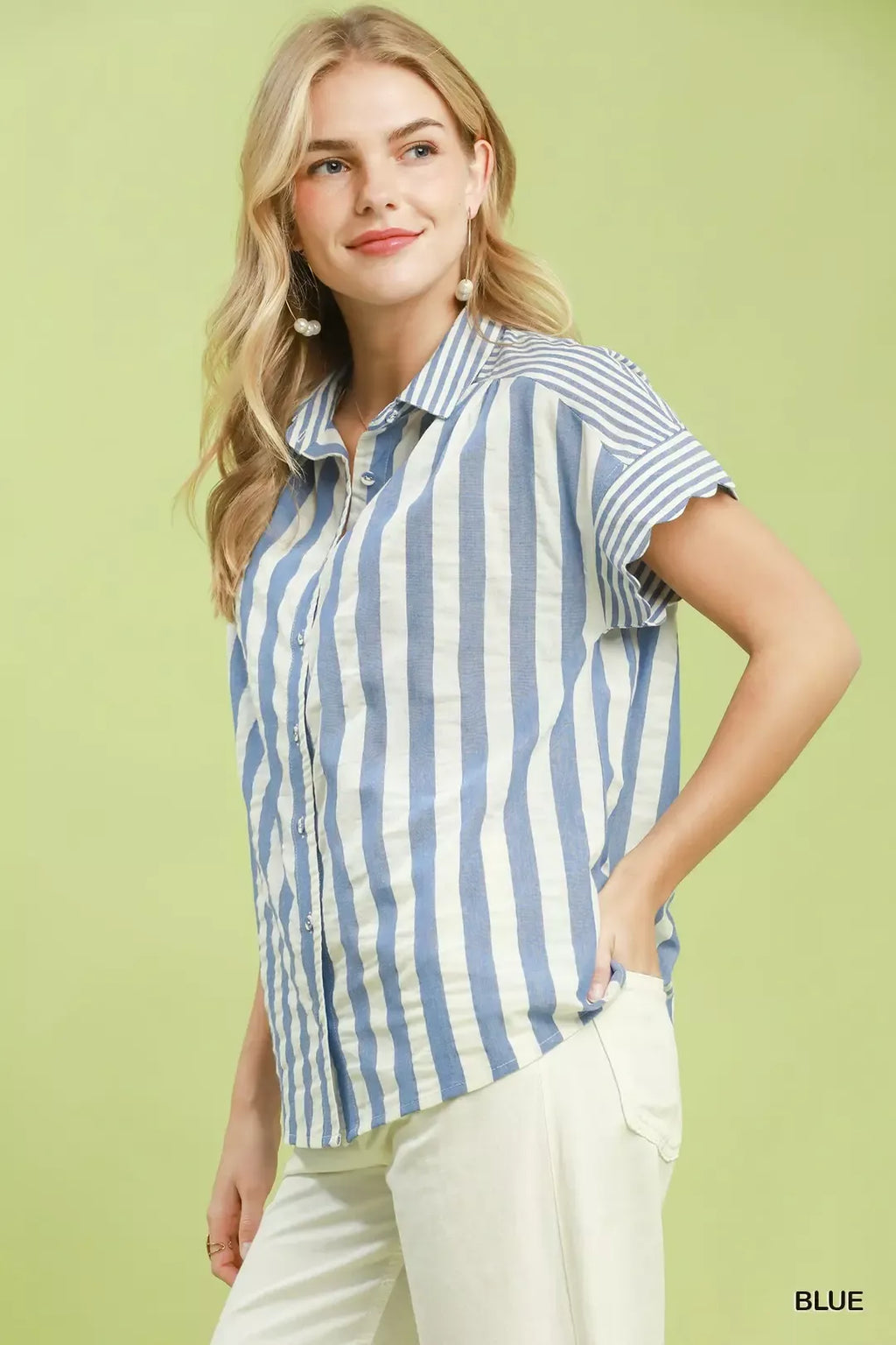 Umgee Striped Button Front Flutter Sleeve Top