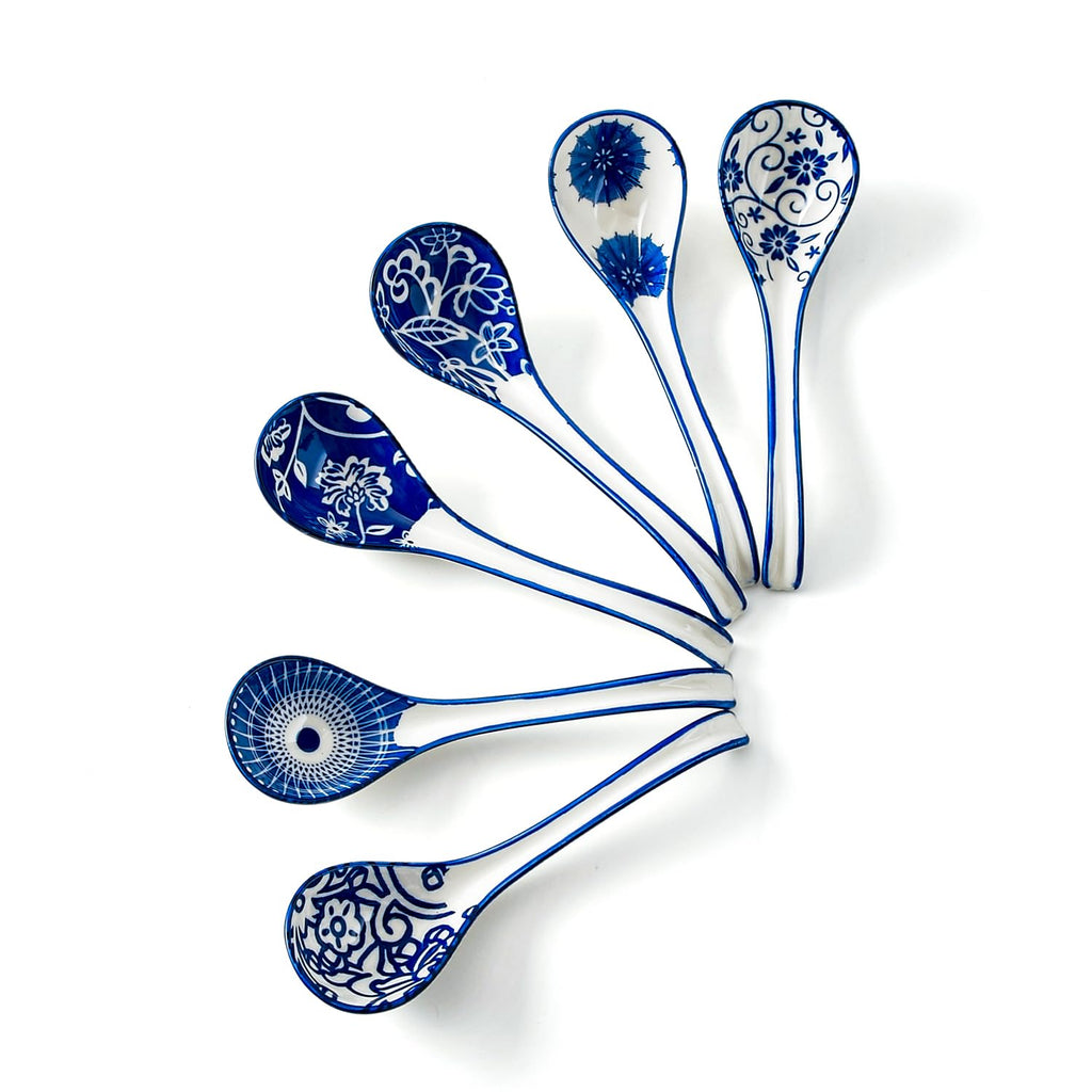 CERKIK Ceramic Asian Soup Spoon - 6.3 Inch Chinese Soup Spoons Japanese Ramen Spoons for Pho Dumplings Wonton Miso Cereal Stews Noodles - Vintage Blue
