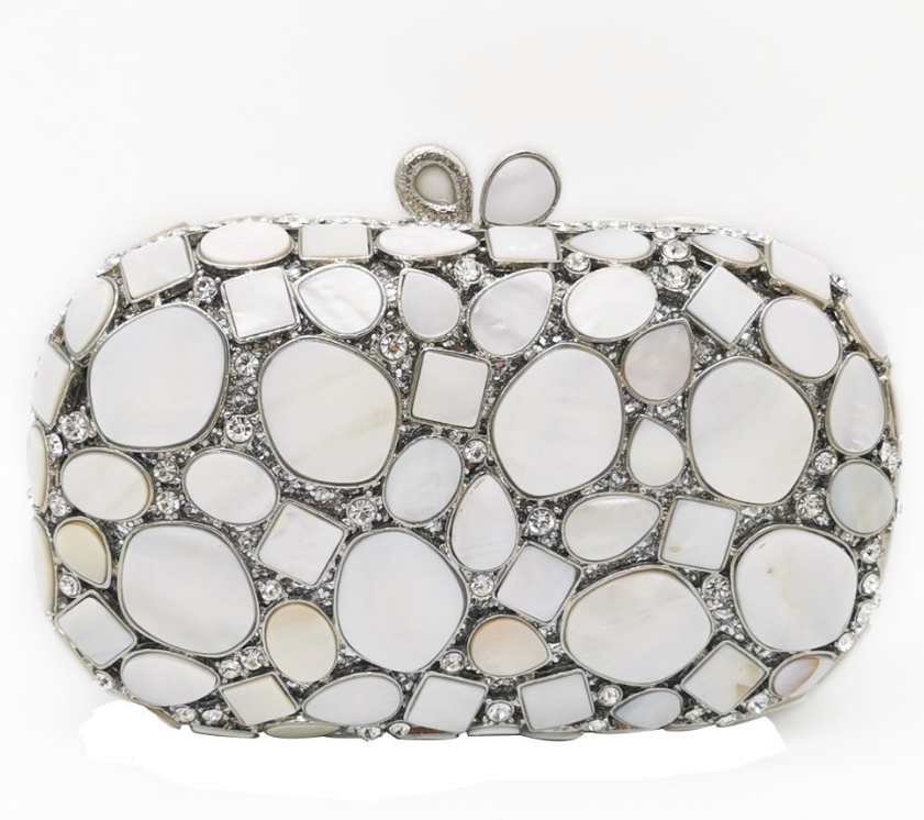 Metallic Shell Evening Clutch Bag with Rhinestones