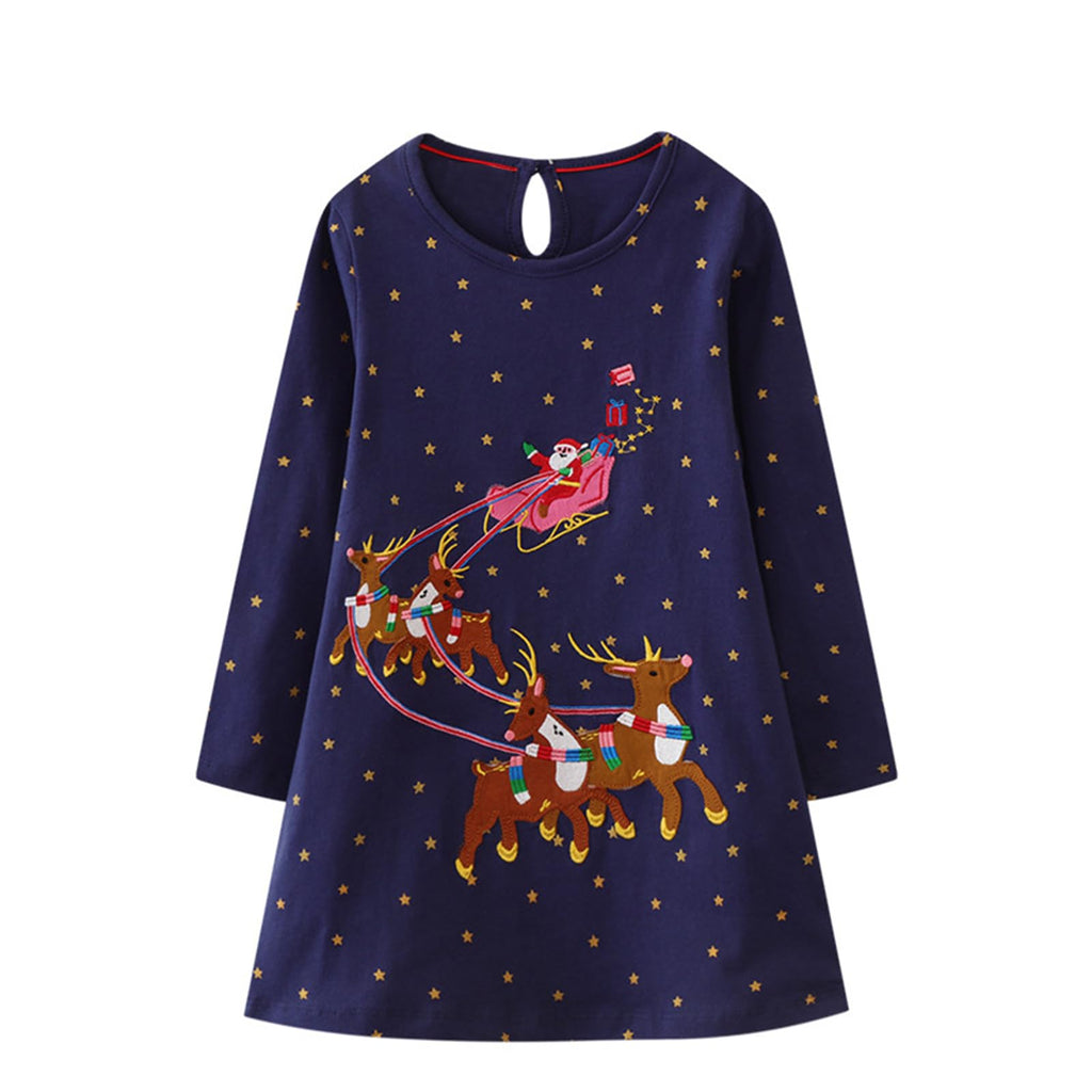 YAGATA Girls Christmas Dress Girls Fall Dress Cute Toddler Long Sleeve Dress Toddler Holiday Dress Navy Deer 5T
