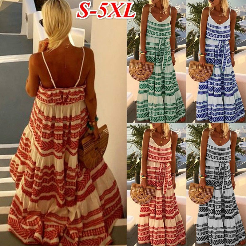 2019 New Plus Size Bohemian Deep V Neck Dress