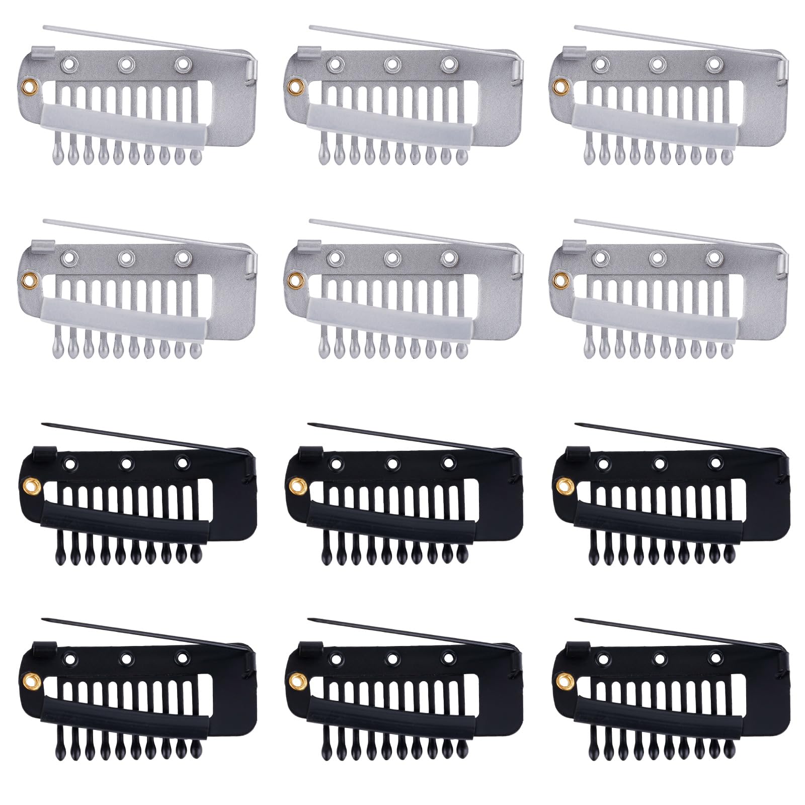 12pcs Wig Clip with Safety Pins 10-Teeth Hair Extension Snap Invisible Wig Combs to Secure Wig No Sew Chunni Grip Dupatta Clips for Girls Women Wig Headscarf Hijab & Tikka (Black Silver)