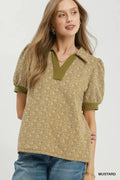 Umgee Printed Collared Puff Sleeve Top