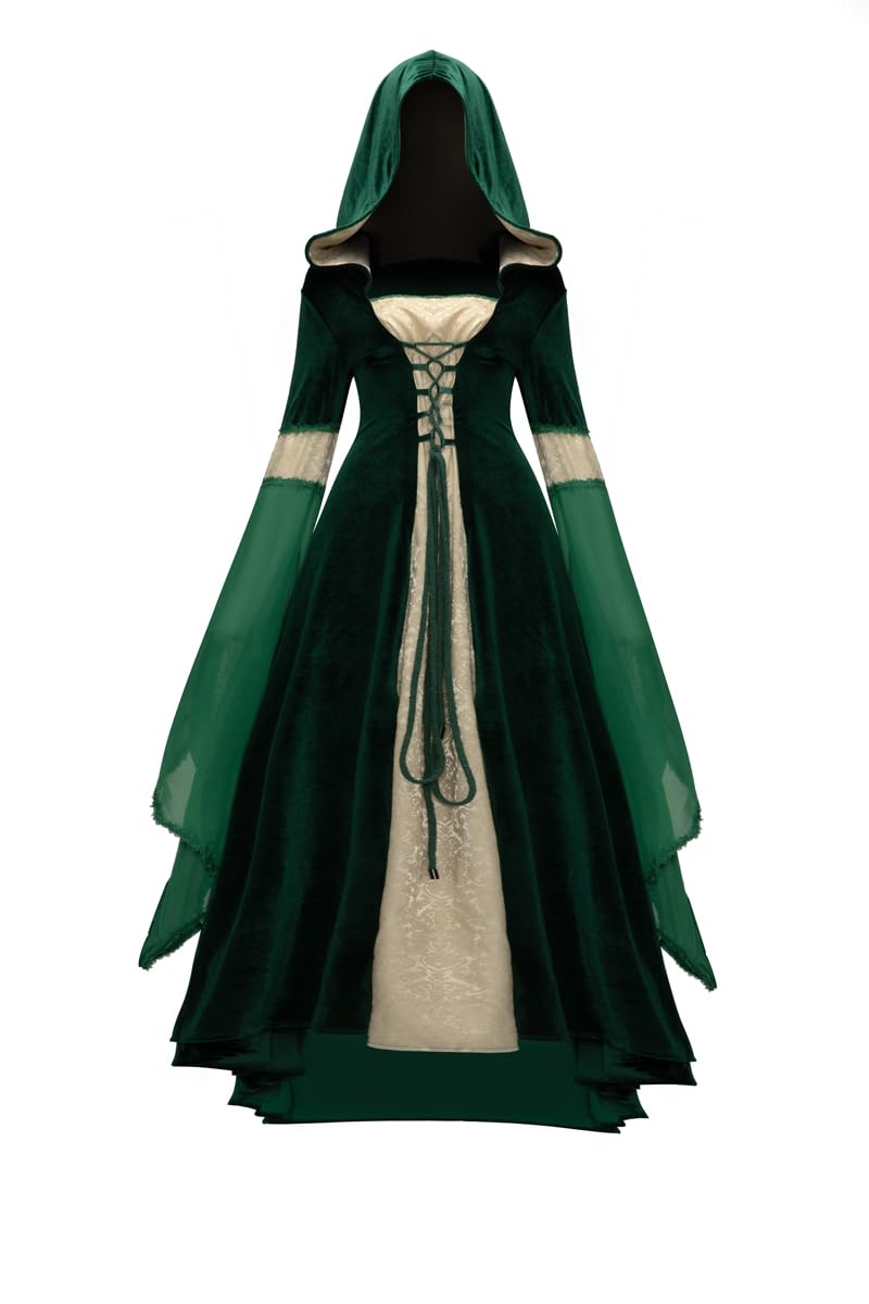 Kahbin Women Hooded Gothic Dress Medieval Corset Renaissance Dress Victorian Dress Halloween Costume (Green X-Large)