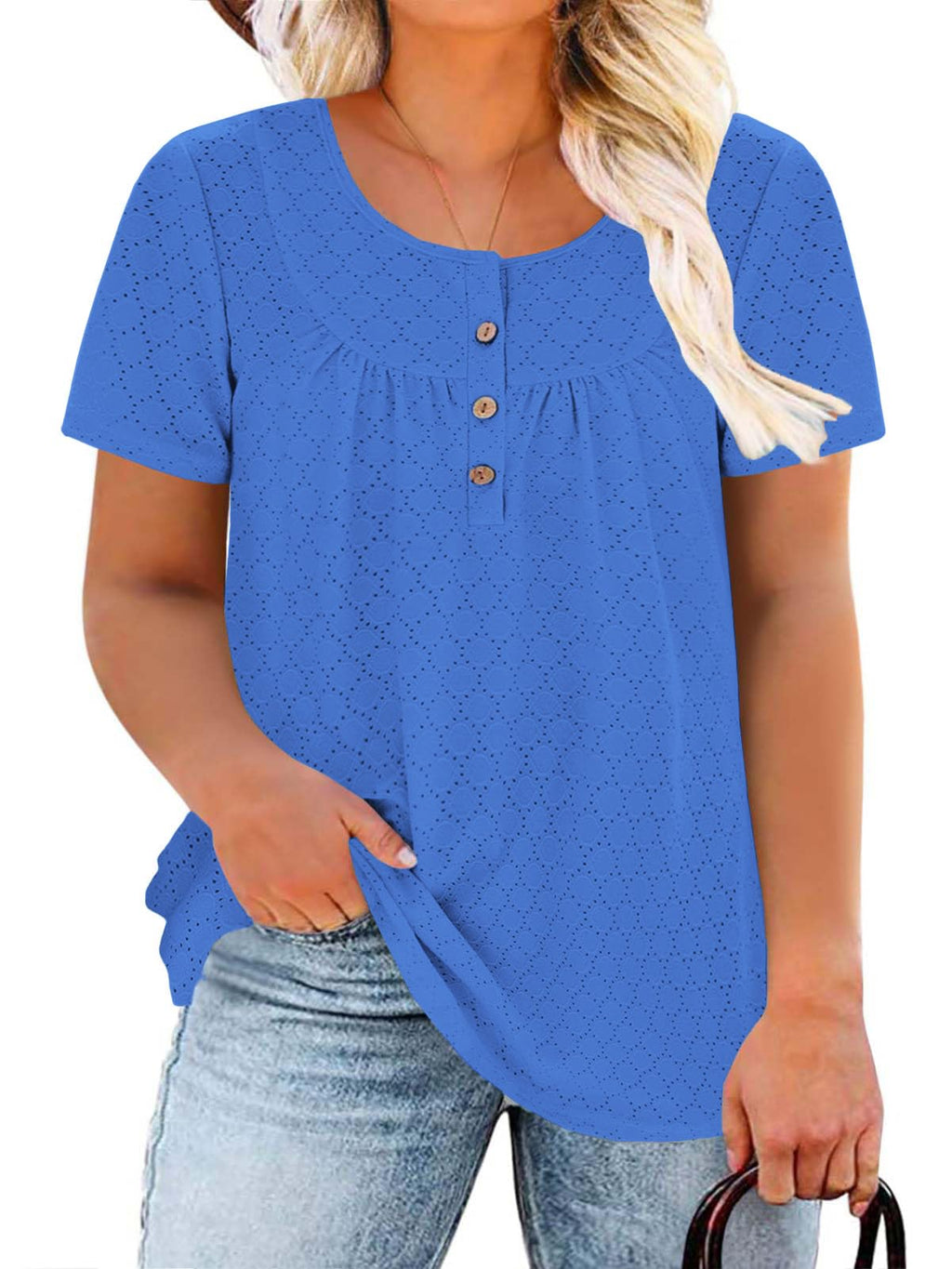 Plus Size Summer Clothes for Women 2X Casual Buttons Up T Shirts Henley Neck Tops Royal Blue