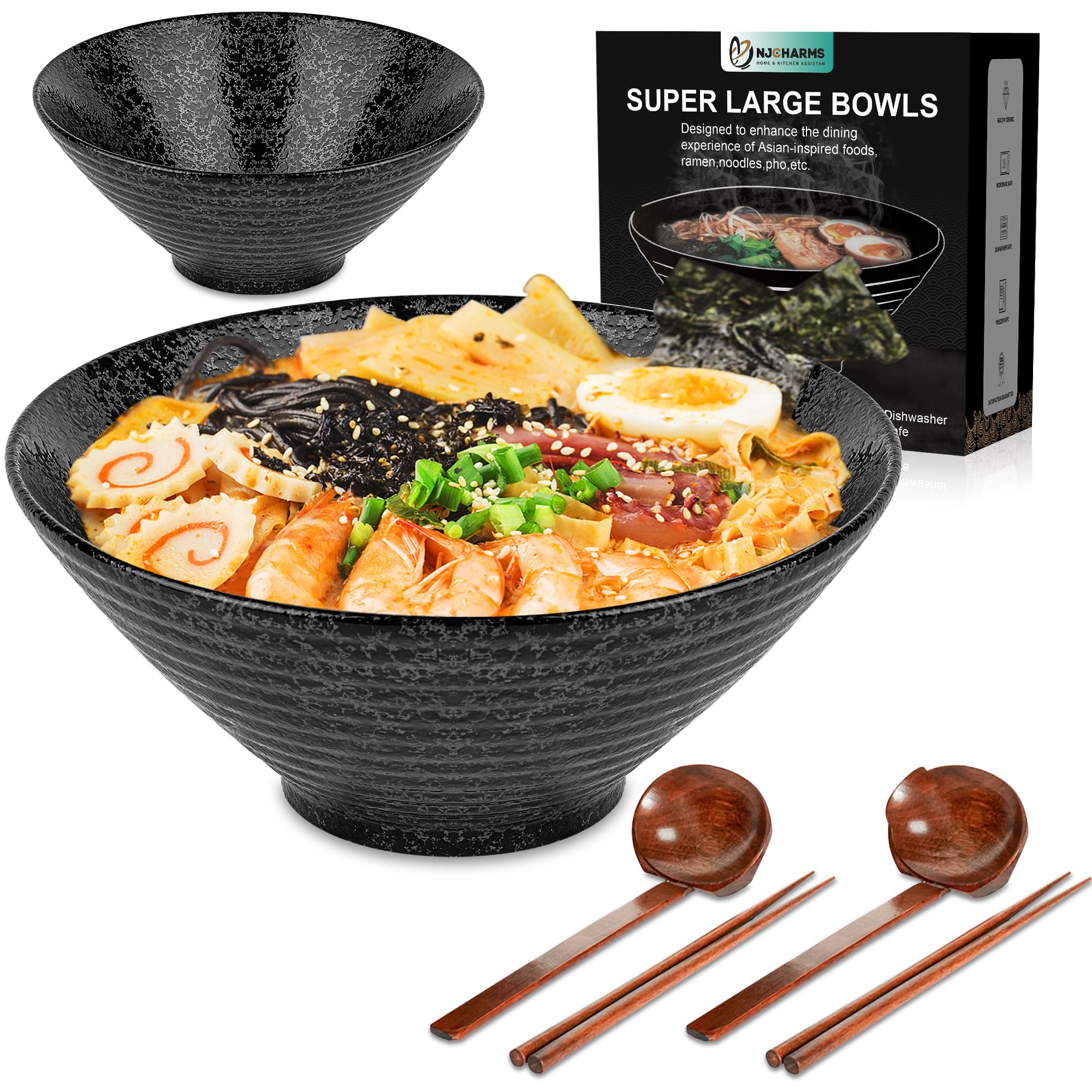 NJCHARMS Ceramic Ramen Bowl Set of 2 60 oz Japanese Noodle Soup Bowls with Spoons and Chopsticks for Ramen Soup Pho Udon Asian Noodles Large Noodle Bowls