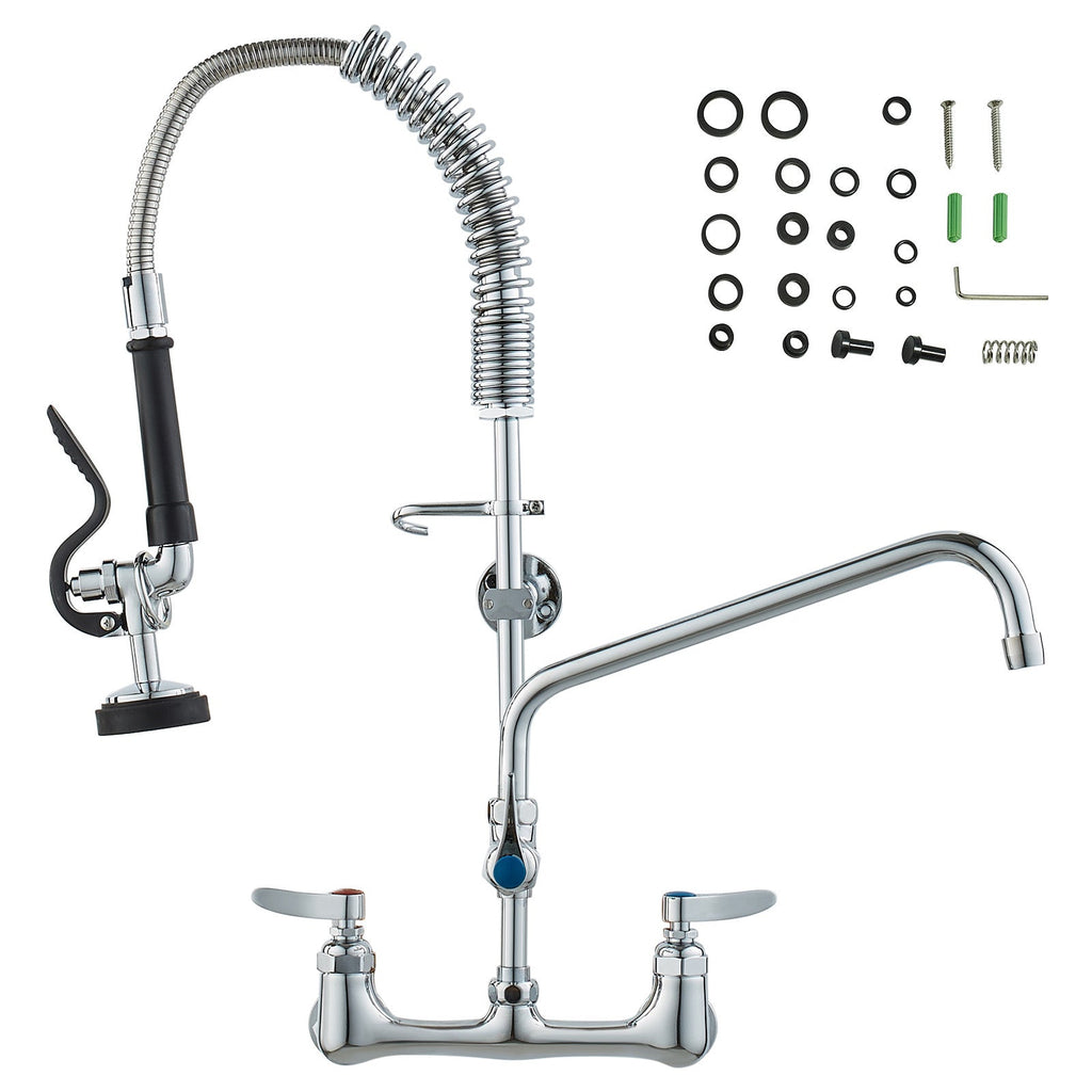 Commercial Faucet with Pre-Rinse Sprayer, 25' Height, 8' Center, 12' Swing Spout, Wall Mount Kitchen Sink Faucet, Brass Constructed Device with Pull Down Spray, for 1/2/3 Compartment Sink