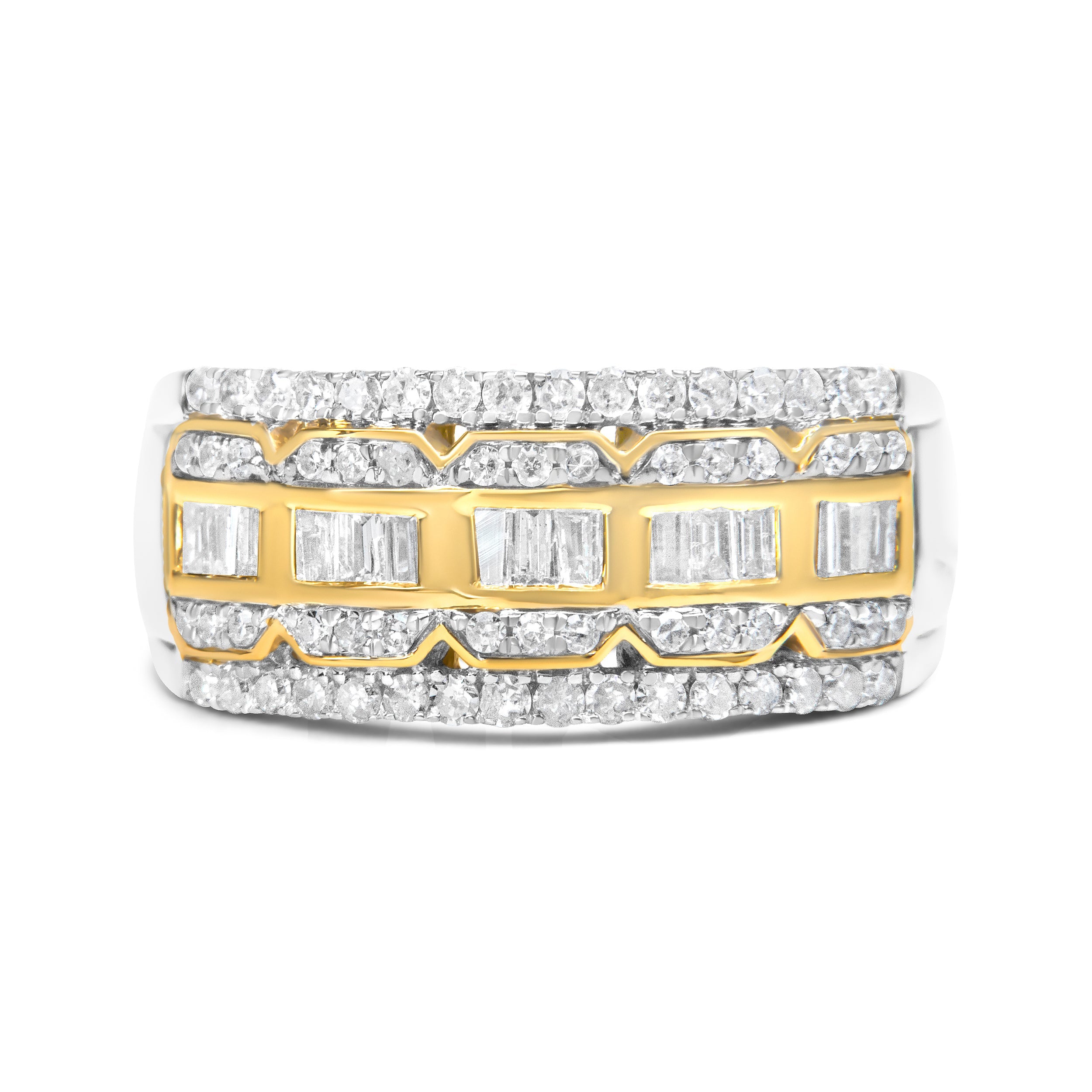10K White and Yellow Gold 1.00 Cttw Baguette and Round cut Diamond Art Deco Multi-Row Ring Band (I-J Color, I1-I2 Clarity) - Ring Size 7