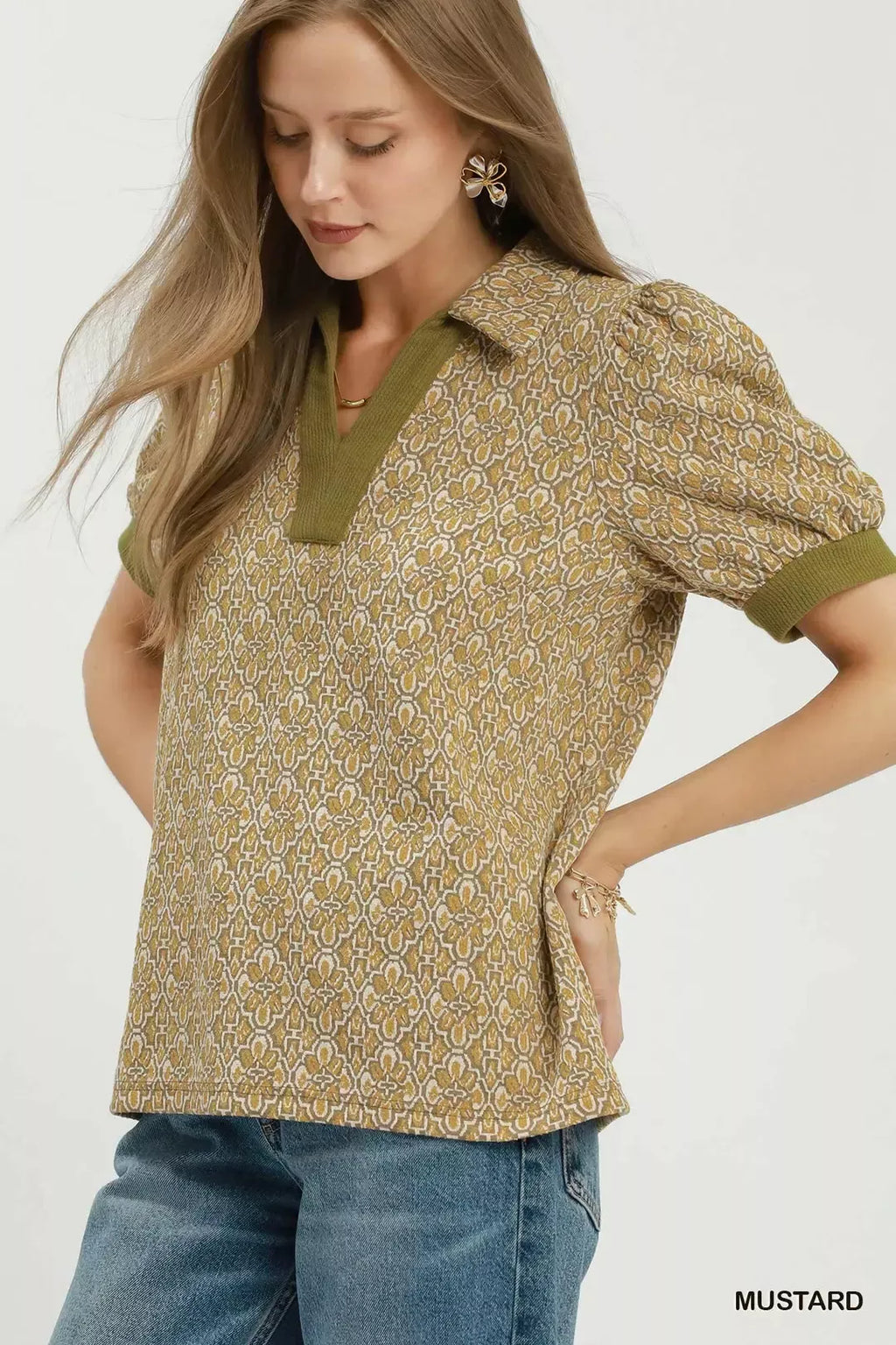 Umgee Printed Collared Puff Sleeve Top