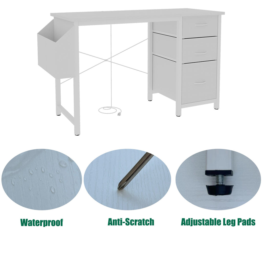 47.3'office desk with power outlet,3 drawers,Side Pocket, Study Desk Easy to Assemble,Frame stability Reversible for home desk, company computer desk, game table,Vanity table, white