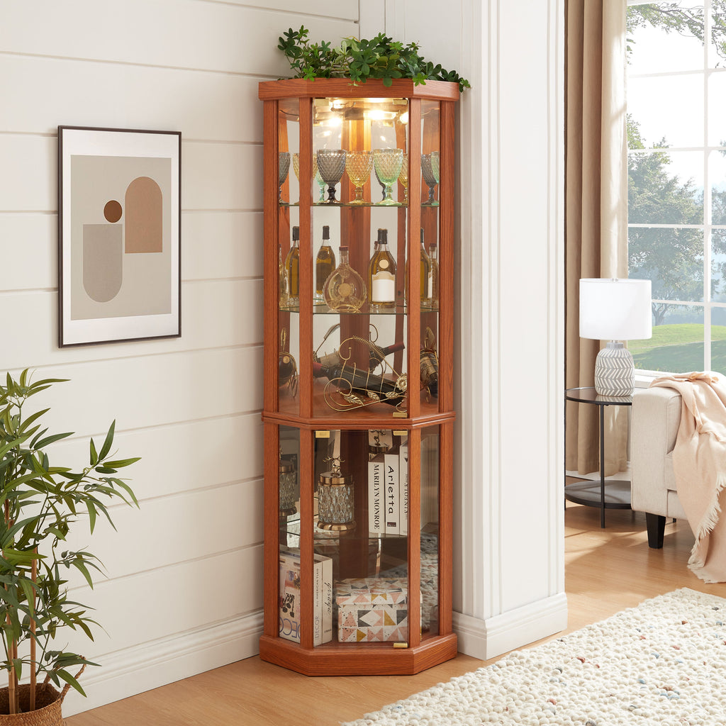 Corner Lighted Curio Cabinet Corner Glass Cabinet Lighted Curio Cabinet Corner Display Case for Living Room, Curio Cabinet, Antique collection, Wine,Bar Glass Storage Light Included,Dark oak