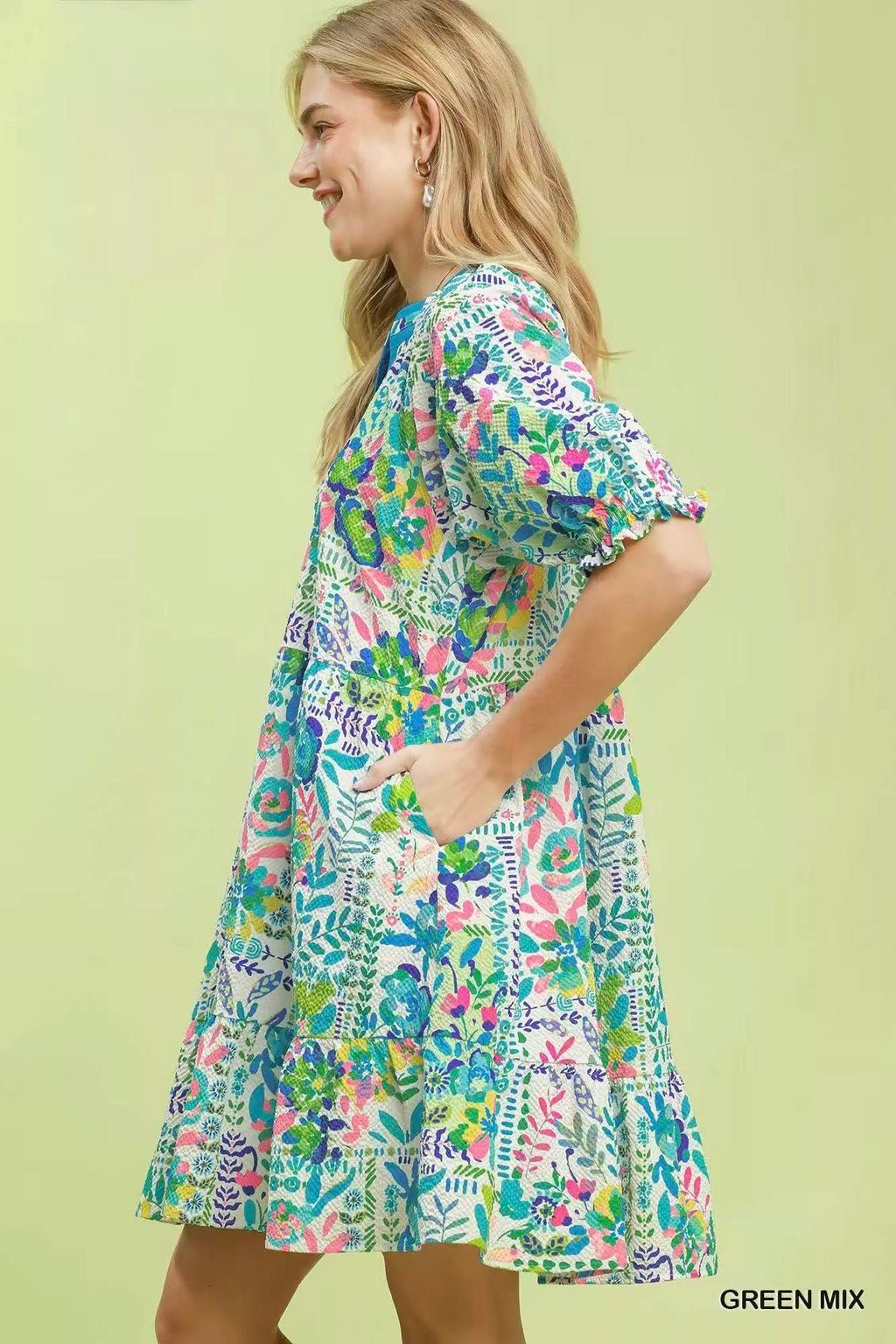 Umgee Mix Botanical Print Puff Sleeve Tiered Dress