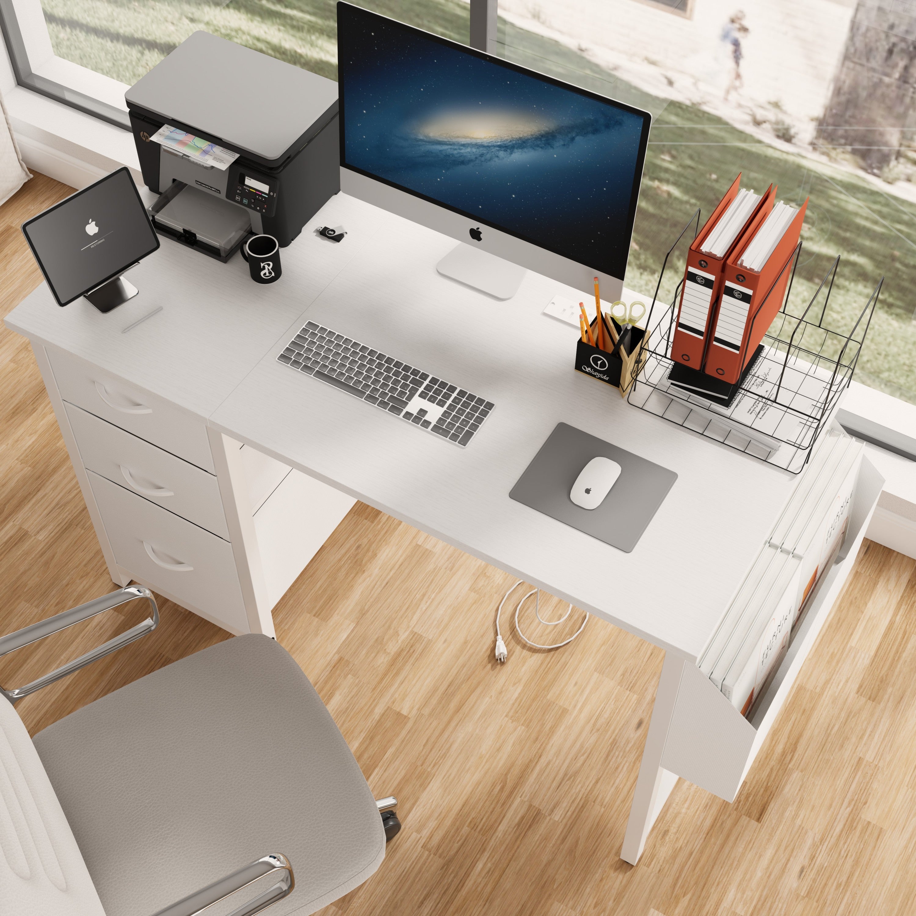 47.3'office desk with power outlet,3 drawers,Side Pocket, Study Desk Easy to Assemble,Frame stability Reversible for home desk, company computer desk, game table,Vanity table, white
