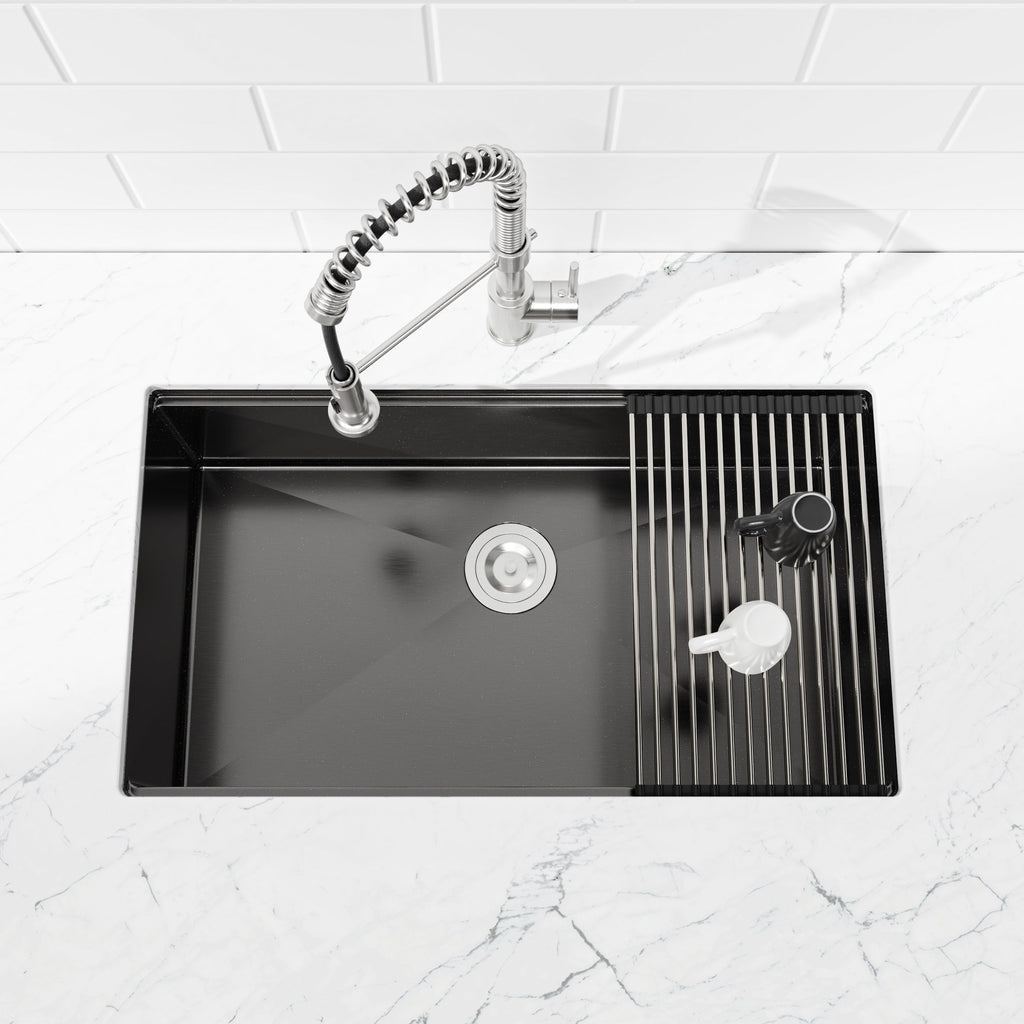 Kitchen Sink 33'x19' Multifunctional undermount Flying Rain Waterfall S304 Stainless Steel Handmade Modern Single Bowl Kitchen Sink Black