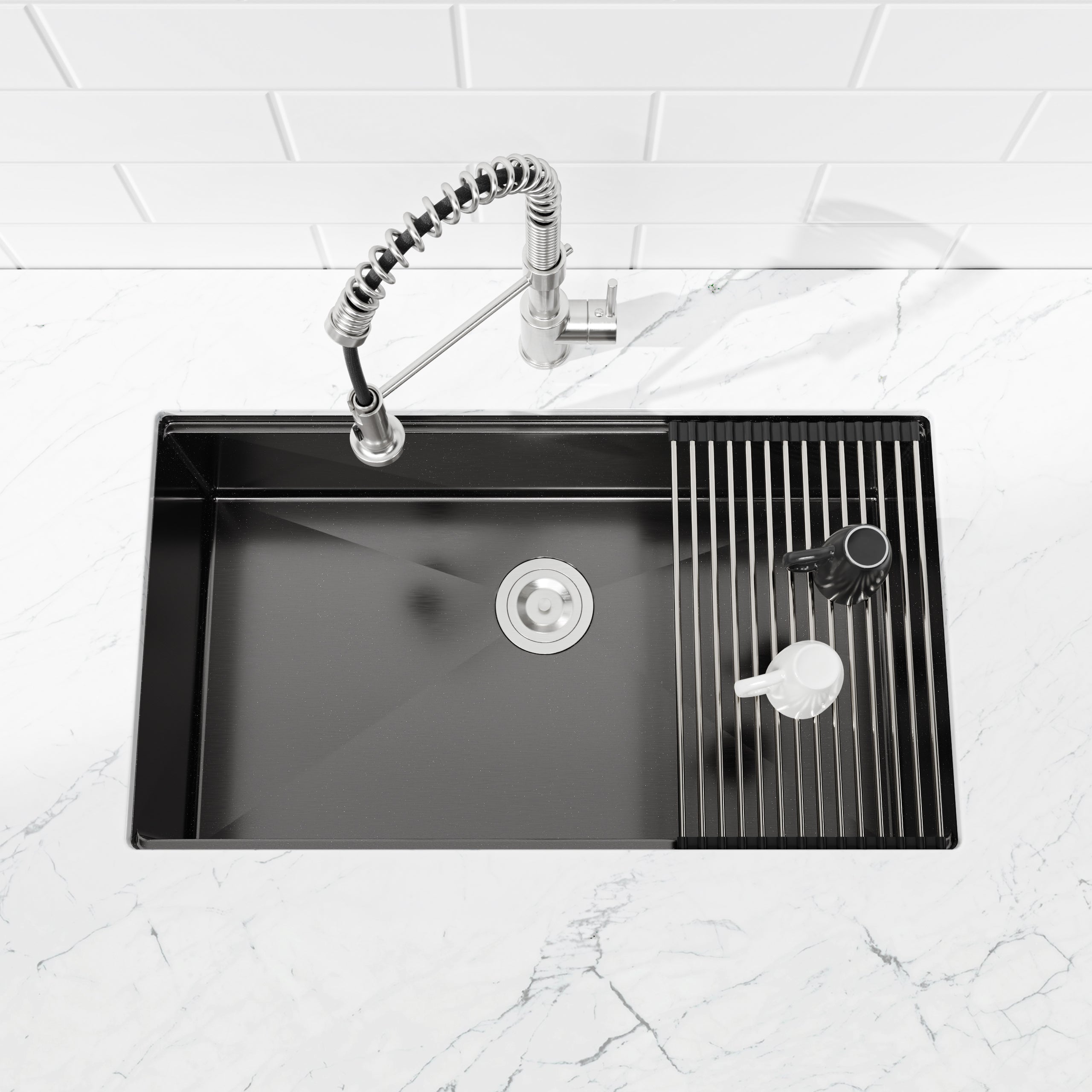 Kitchen Sink 33'x19' Multifunctional undermount Flying Rain Waterfall S304 Stainless Steel Handmade Modern Single Bowl Kitchen Sink Black