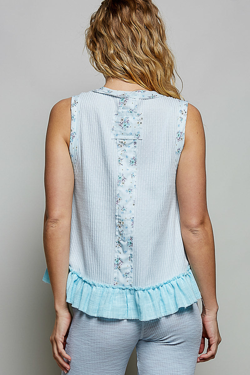 POL Floral Print Patche Round Neck Ribbed Tank with Double Gauze Ruffle Accents