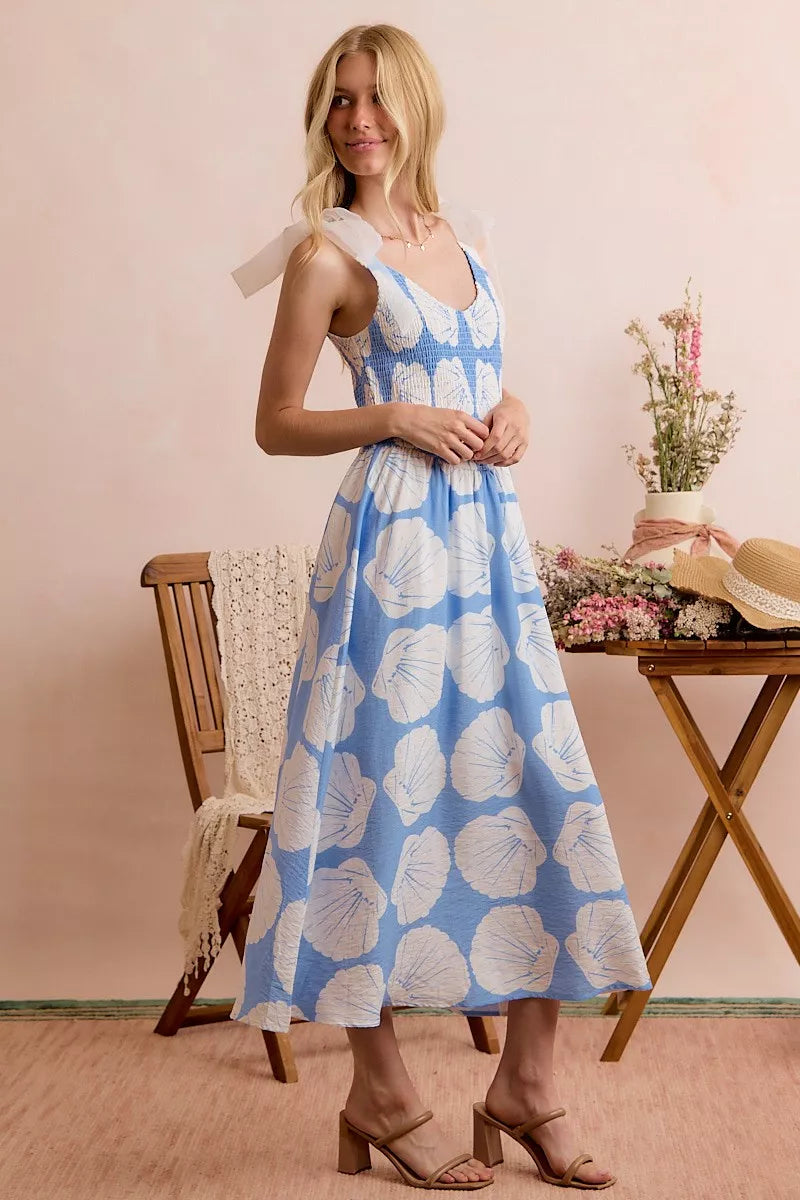 SO ME Shell Smocked Bodice Shoulder Tie Lined Midi Dress
