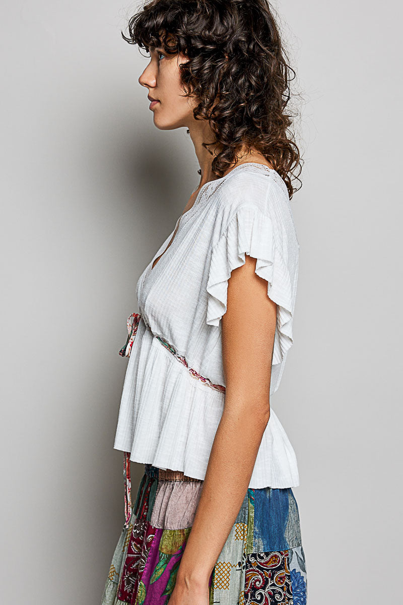 POL Tied Ruffled V-Neck Short Sleeve Blouse with Lace Detail