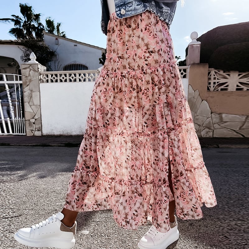 Bohemian Floral Chiffon Long Skirt for Women