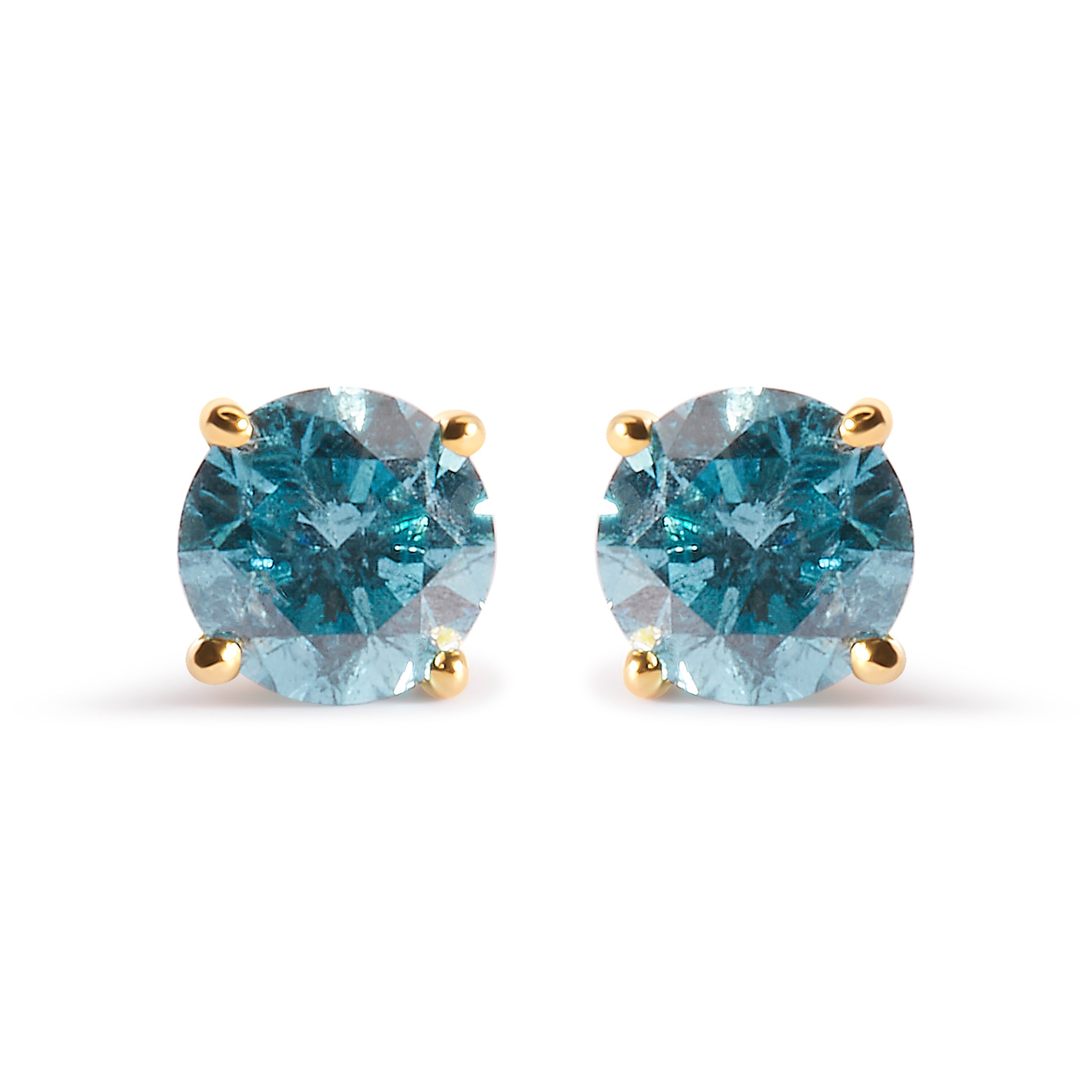 14K Yellow Gold 1.0 Cttw Treated Aqua Blue Diamond Classic Solitaire Stud Earrings (Aqua Blue Color, I2-I3 Clarity)