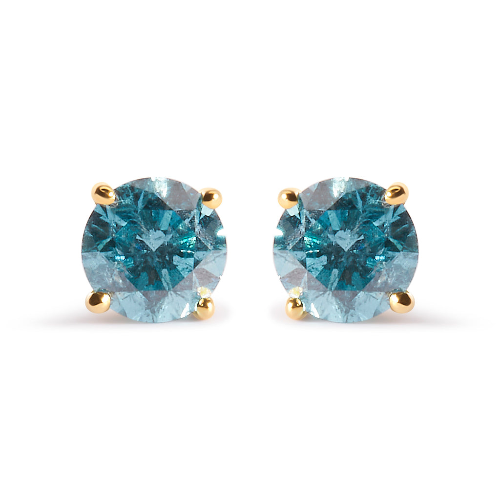 14K Yellow Gold 1.0 Cttw Treated Aqua Blue Diamond Classic Solitaire Stud Earrings (Aqua Blue Color, I2-I3 Clarity)