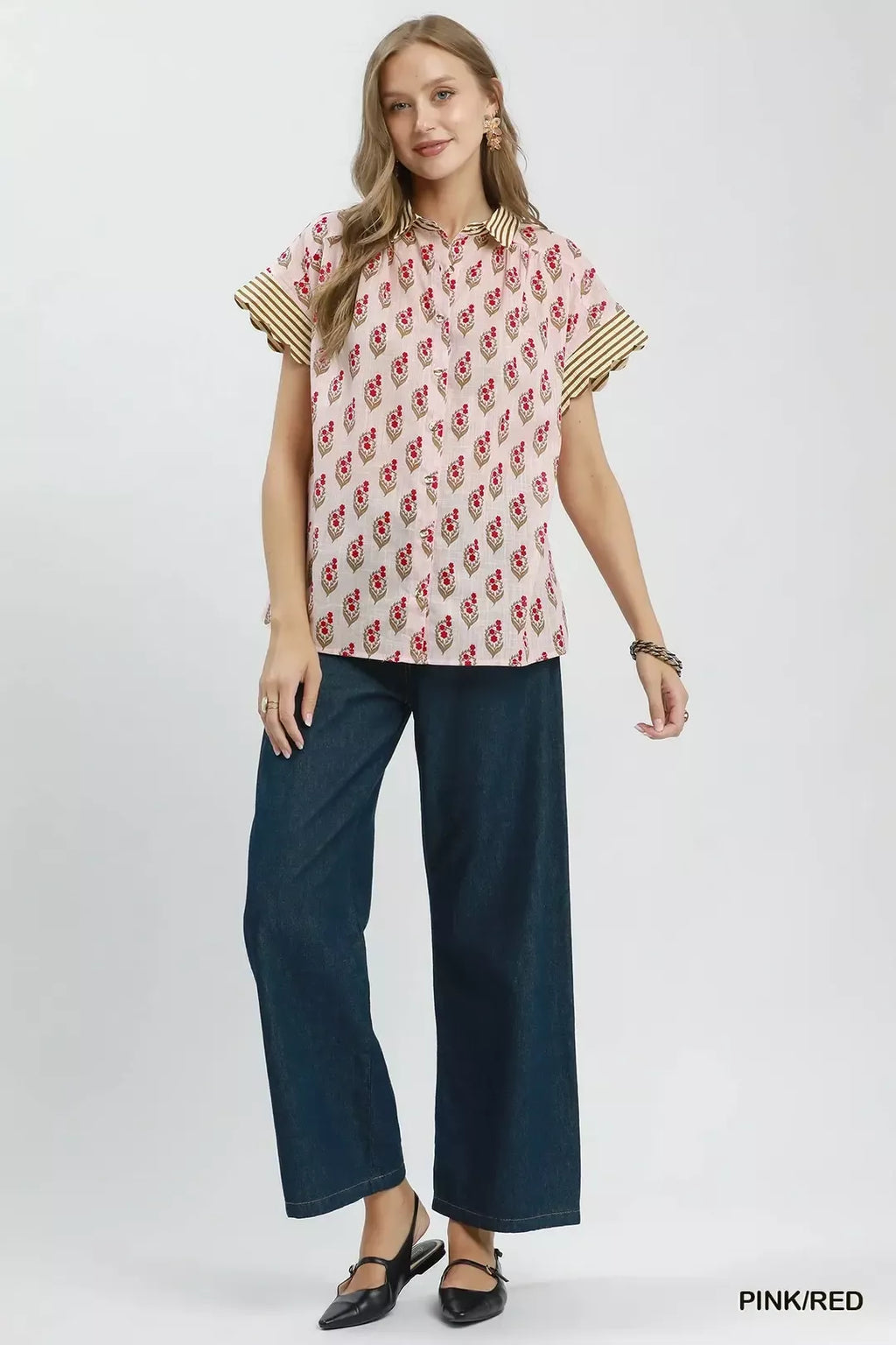 Umgee Block Print Button-Front Shirt with Contrast Stripe Point Collar