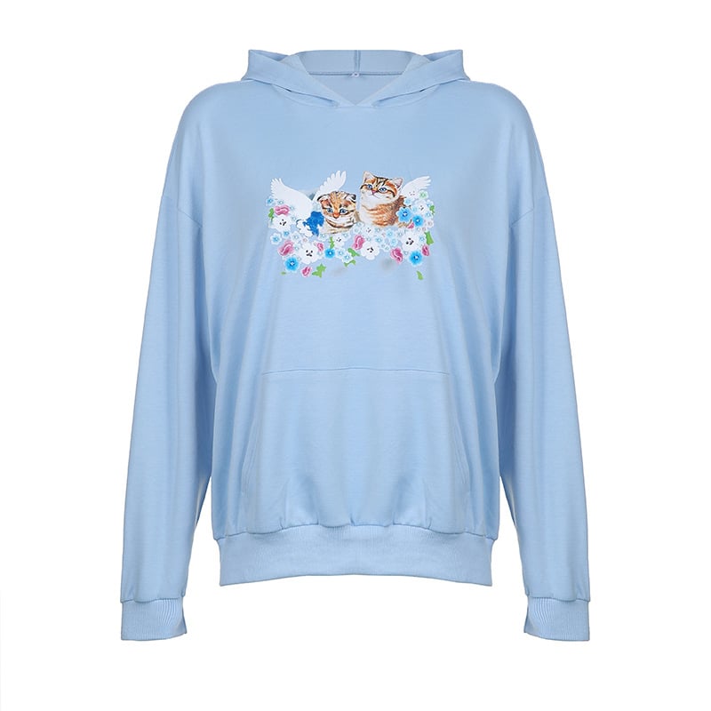 Cat Print Hooded Loose Pullover Casual Sweater for Women