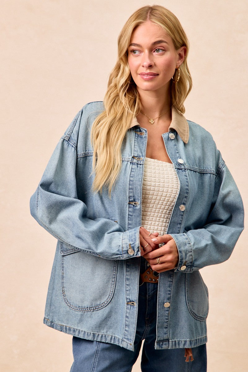 BiBi Washed Denim Jacket with Contrast Collar Detail