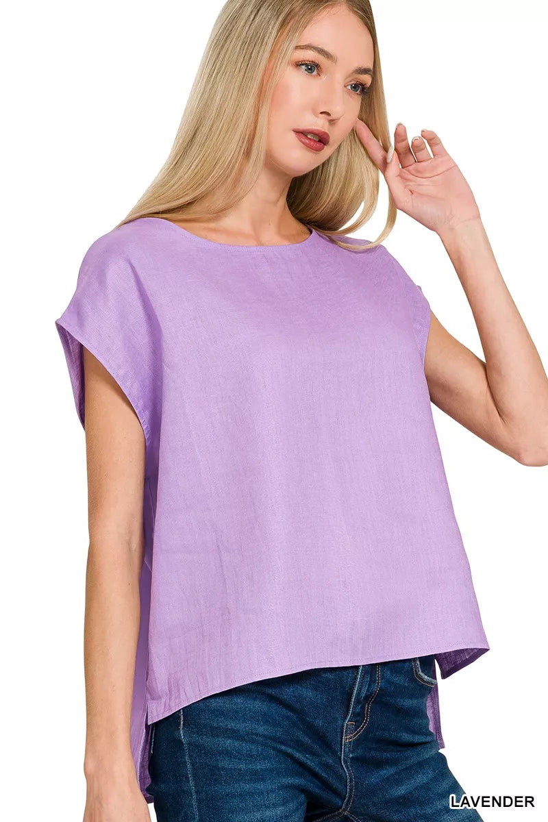 Zenana Linen Round Neck Cap Sleeve Top