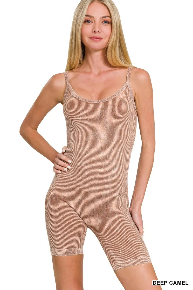 Zenana Stone Washed Ribbed Seamless Romper