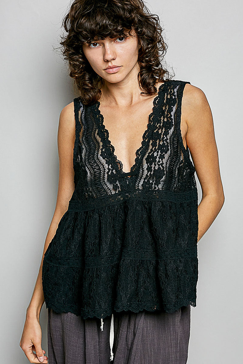 POL Deep V-Neck Scalloped Lace Sleeveless Top