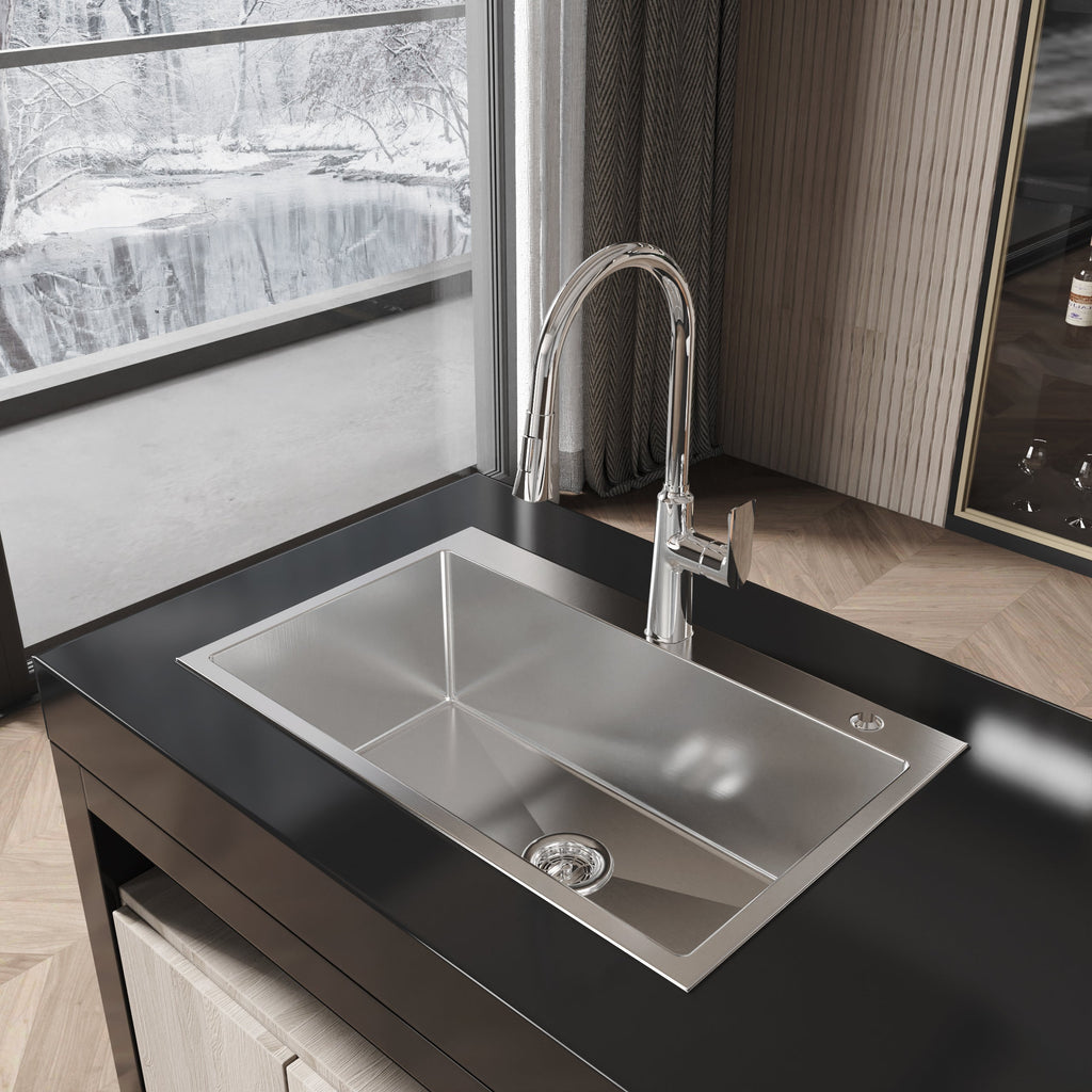 Stainless Steel Kitchen Sink, 30″x19″ Single Bowl, Overmount Handmade Sink in Brushed Nickel, with US Standard Drain and Hook, LS-SSBR04