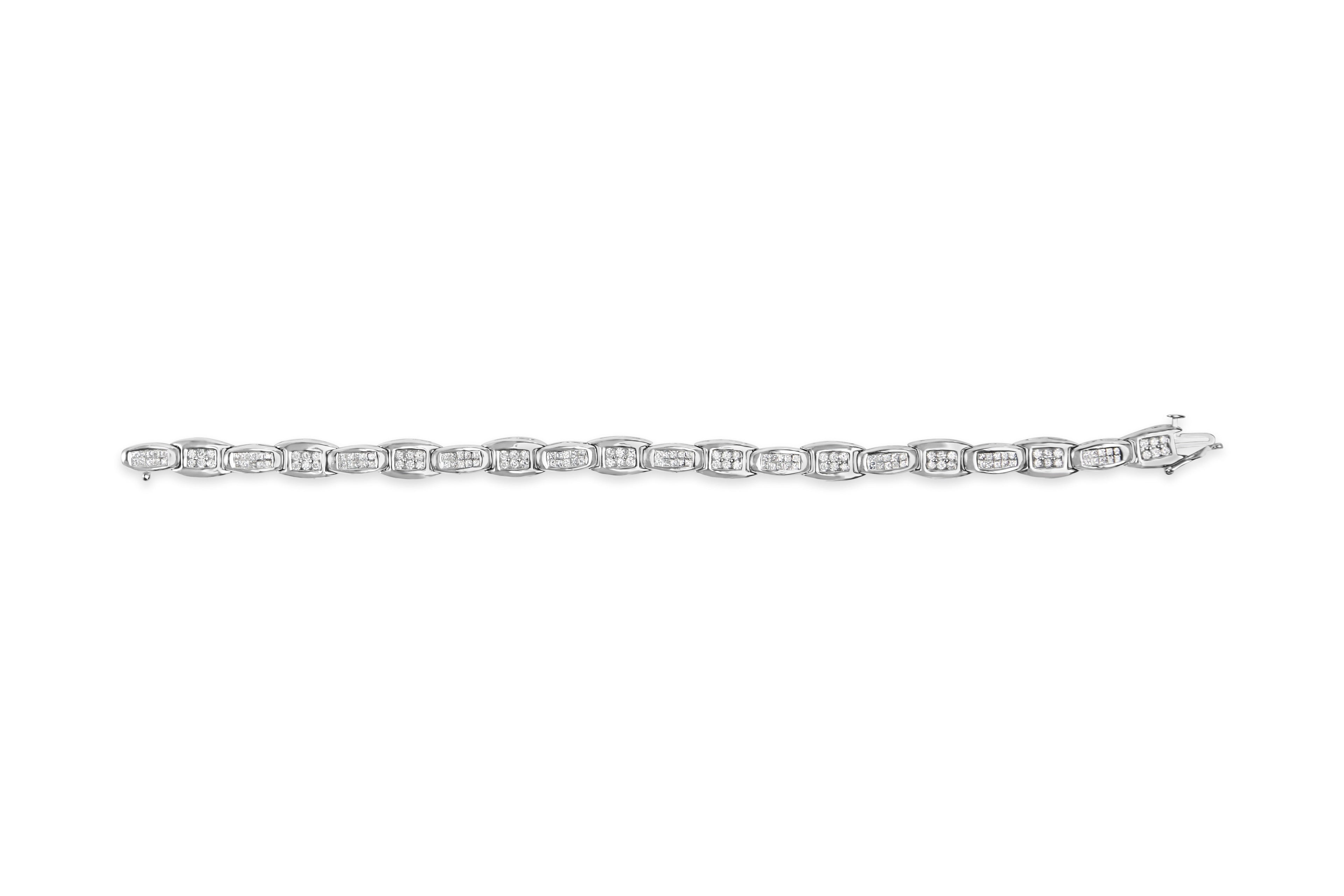 14K White Gold 2-1/2 Cttw Round-Brilliant & Baguette Cut Diamond 7" Alternating Flared Links Tennis Bracelet (H-I Color, SI1-SI2 Clarity)
