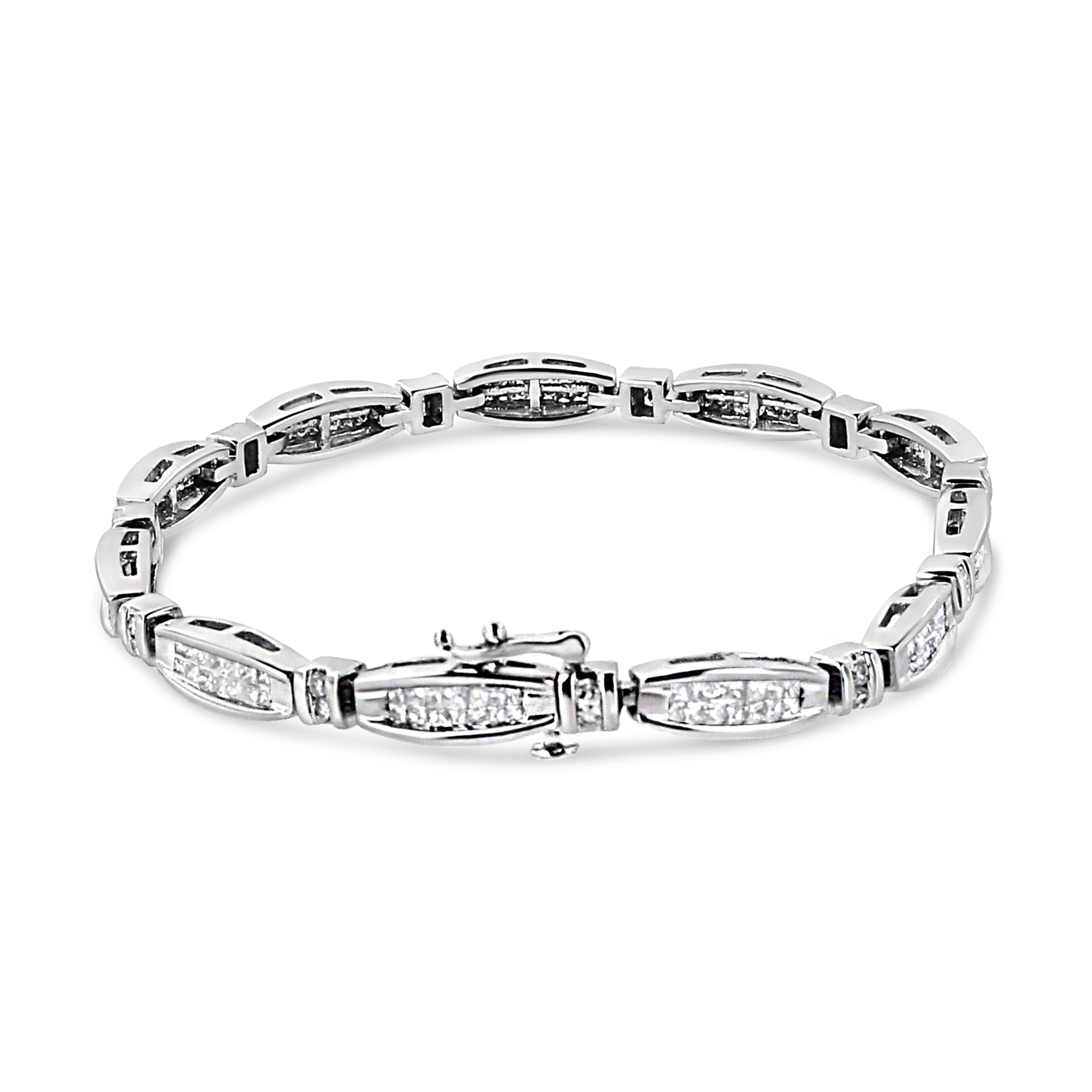 14K White Gold 2.0 Cttw Princess and Round Diamond Bar and Link Bracelet (I-J Color, I1-I2 Clarity) - 7.25" Inches