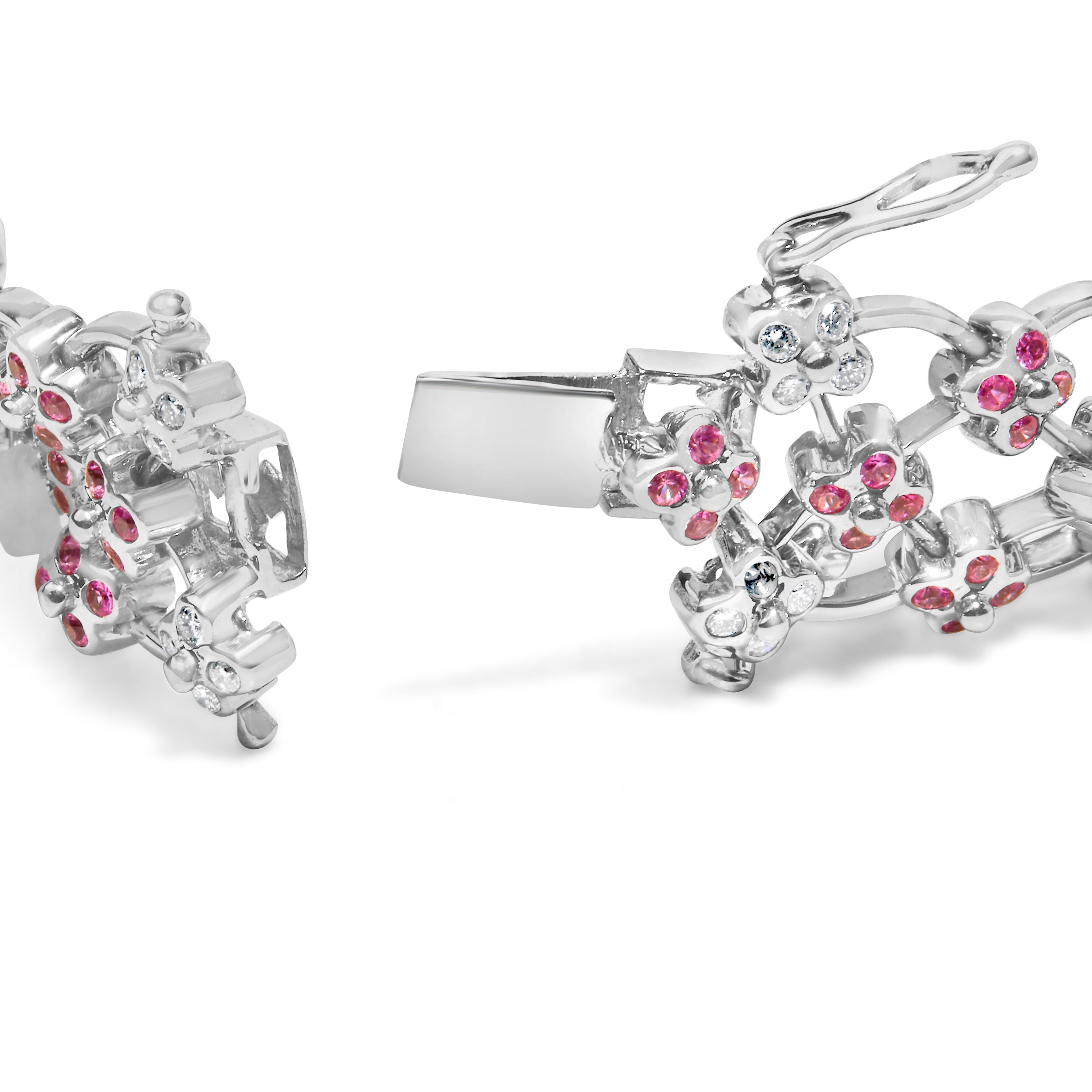 14K White Gold Pink Sapphire and Diamond Floral Lattice Link Bracelet - 7.25" Inches