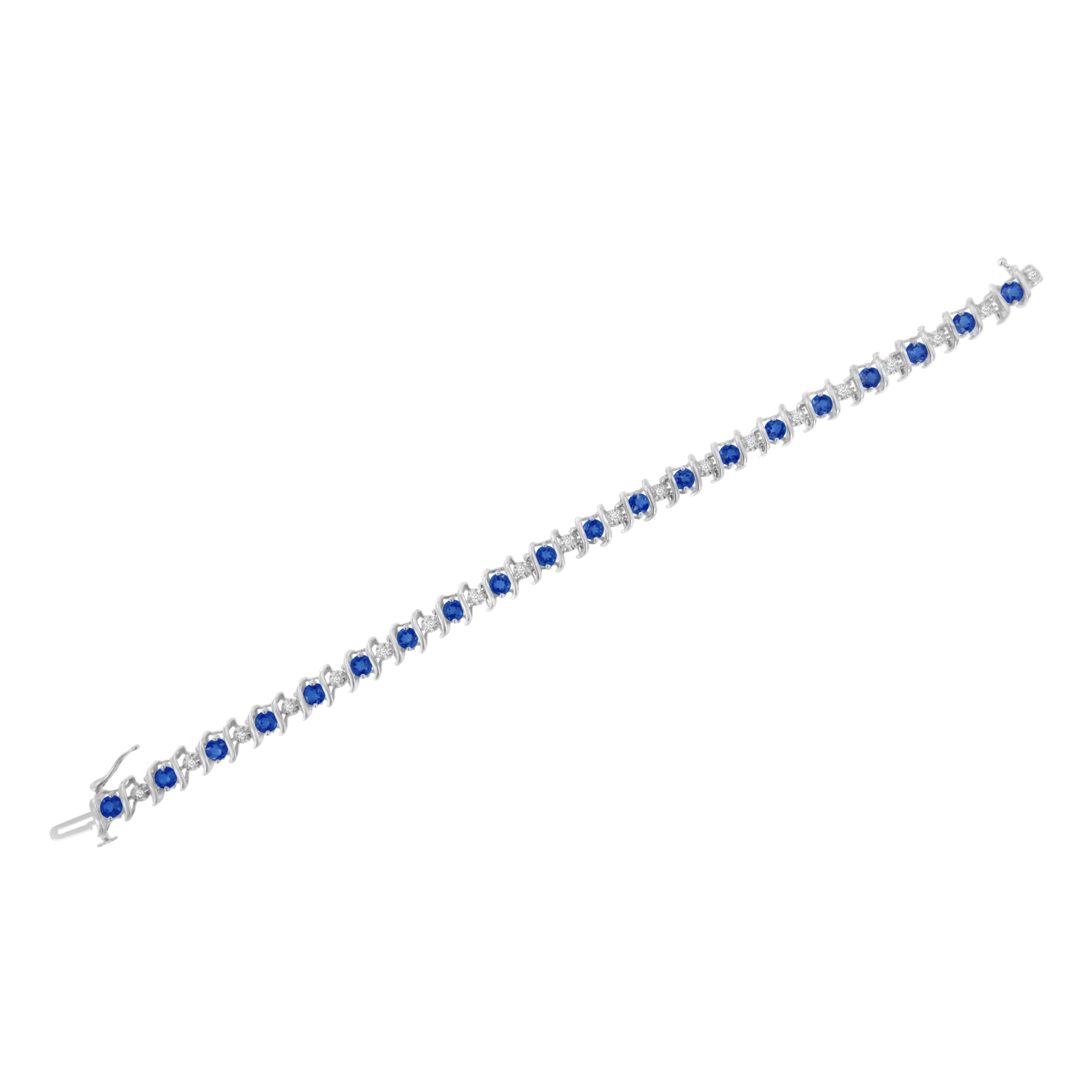 .925 Sterling Silver, Lab-Grown Gemstone and 4 Cttw Round Diamond Tennis Bracelet (H-I Color, I1-I2 Clarity) - Created Blue Sapphire, September Birthstone