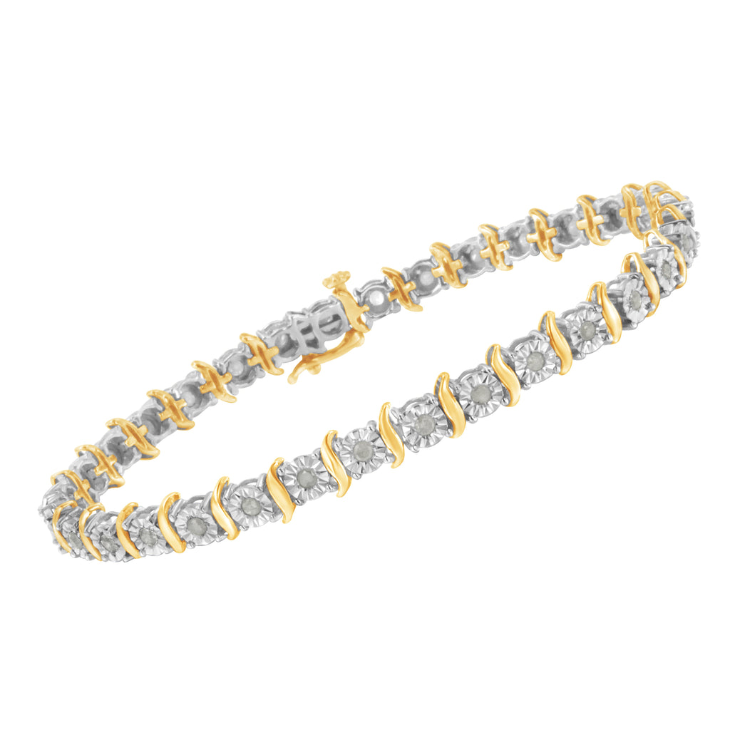 Two-Tone 10K Yellow Gold over .925 Sterling Silver 1.0 Cttw Diamond S-Curve Link Miracle-Set Tennis Bracelet (I-J Color, I3 Clarity) - 7"